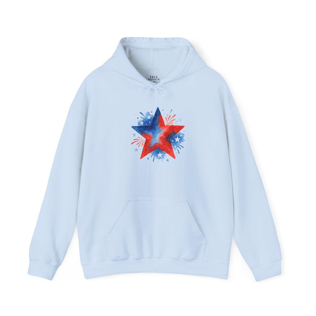Patriotic Red & Blue Star Hoodie — 4th of July Firework Sweatshirt