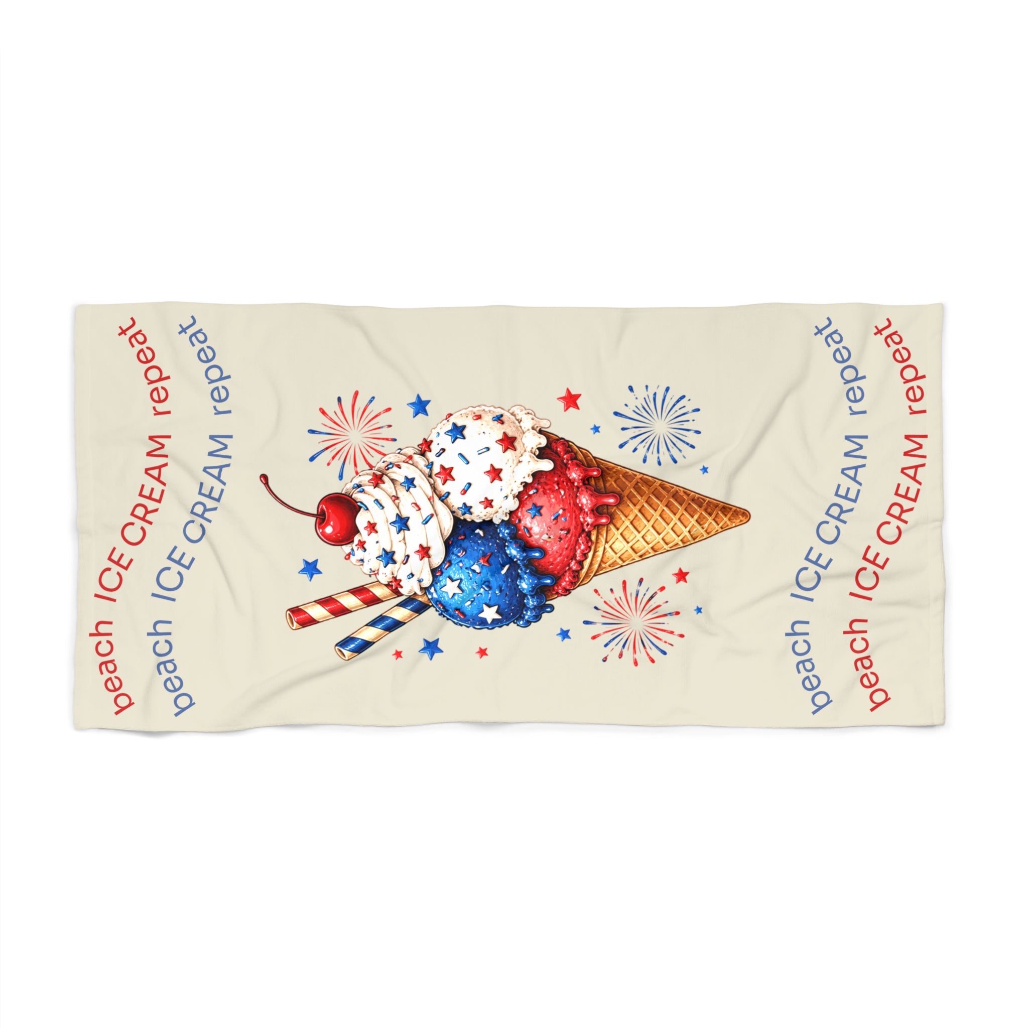 Patriotic Ice Cream Beach Towel — 'Beach Icecream Repeat' Summer Pool & Fourth of July Towel