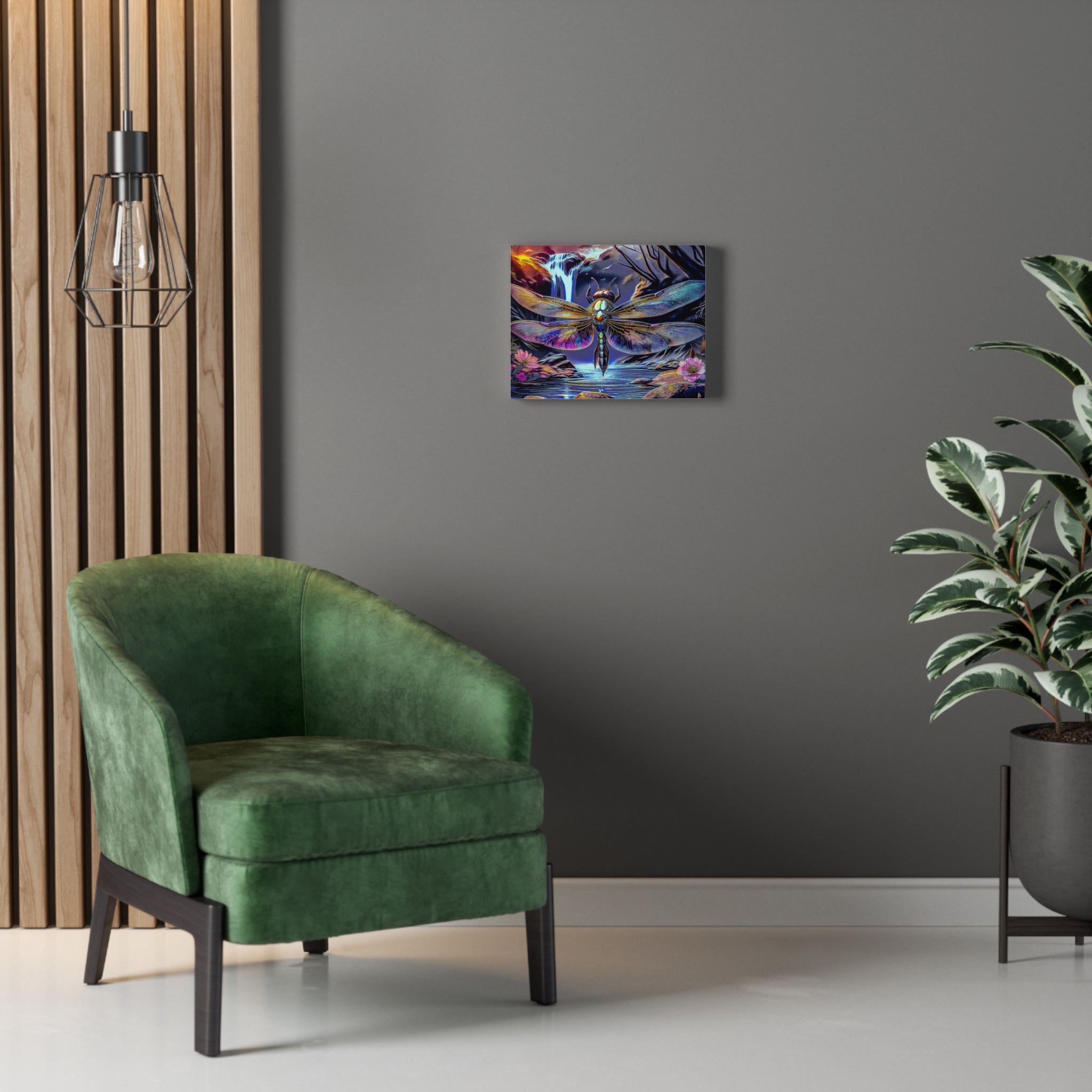 Dragonfly Fantasy Stretched Canvas Wall Art — Colorful Waterfall Nature Scene
