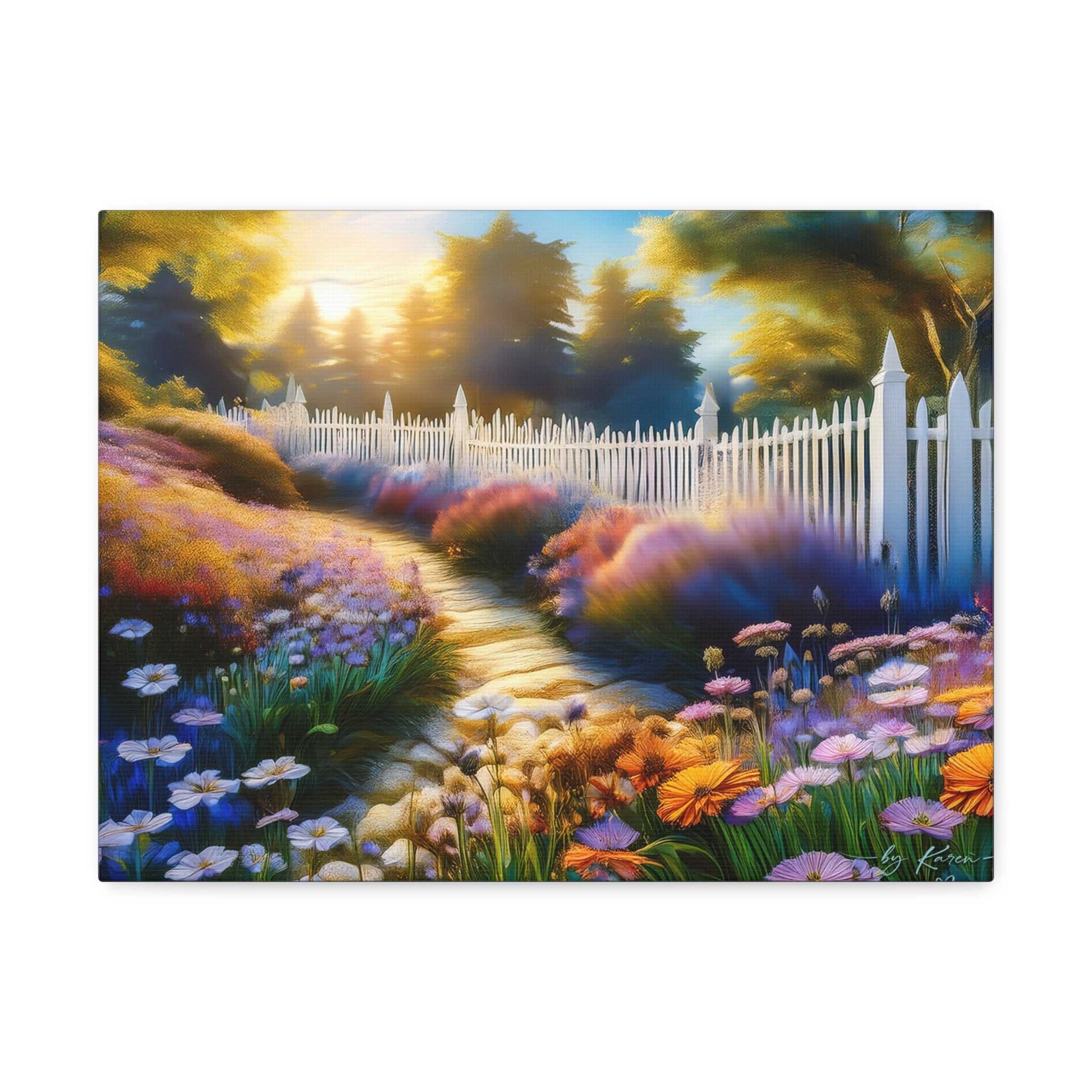 Sunlit Garden Path Stretched Canvas – Colorful Floral Landscape Wall Art