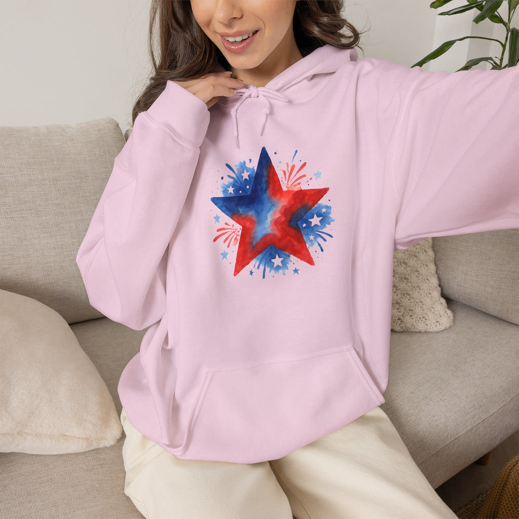 Patriotic Red & Blue Star Hoodie — 4th of July Firework Sweatshirt