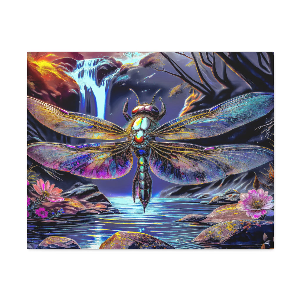Dragonfly Fantasy Stretched Canvas Wall Art — Colorful Waterfall Nature Scene