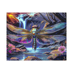 Dragonfly Fantasy Stretched Canvas Wall Art — Colorful Waterfall Nature Scene