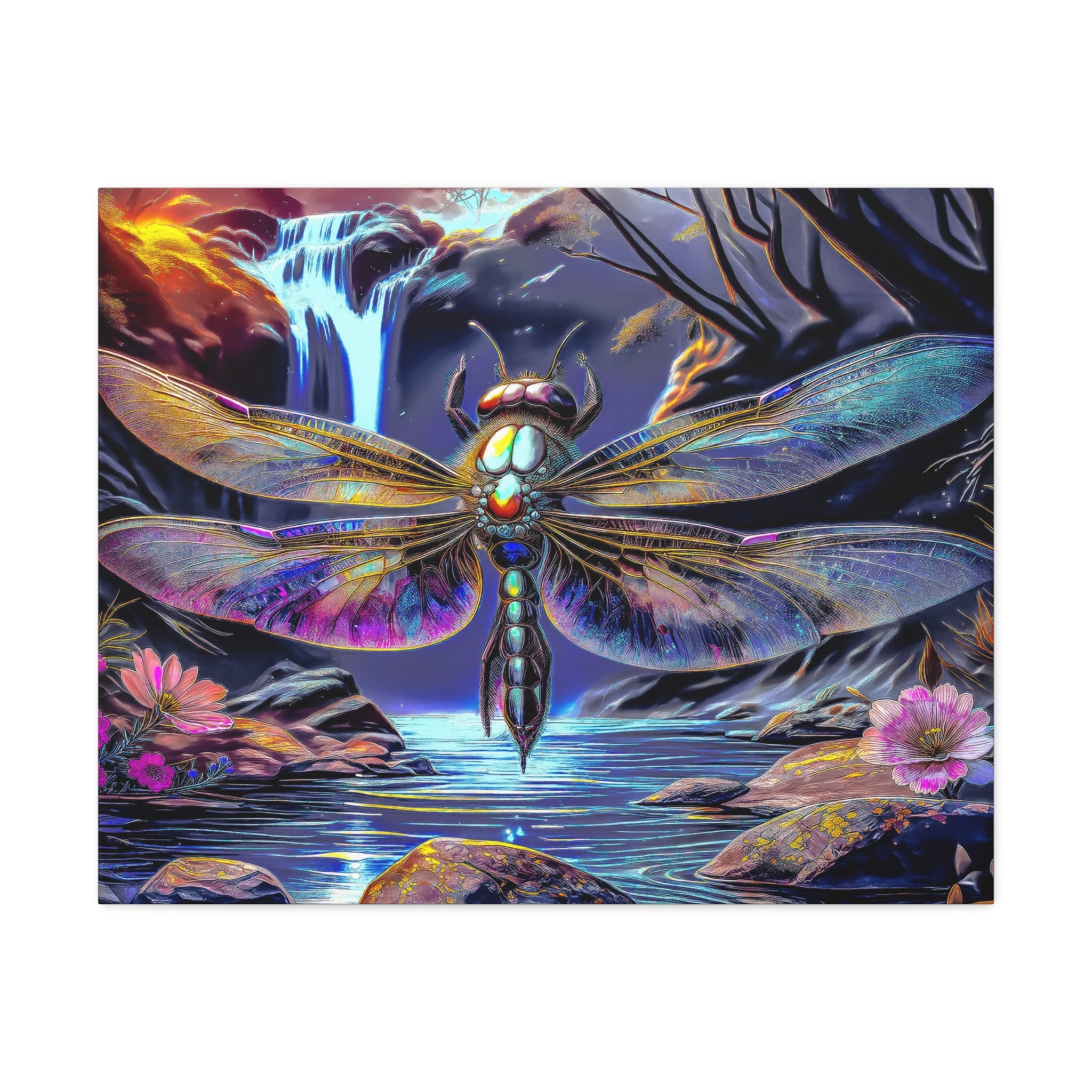Dragonfly Fantasy Stretched Canvas Wall Art — Colorful Waterfall Nature Scene