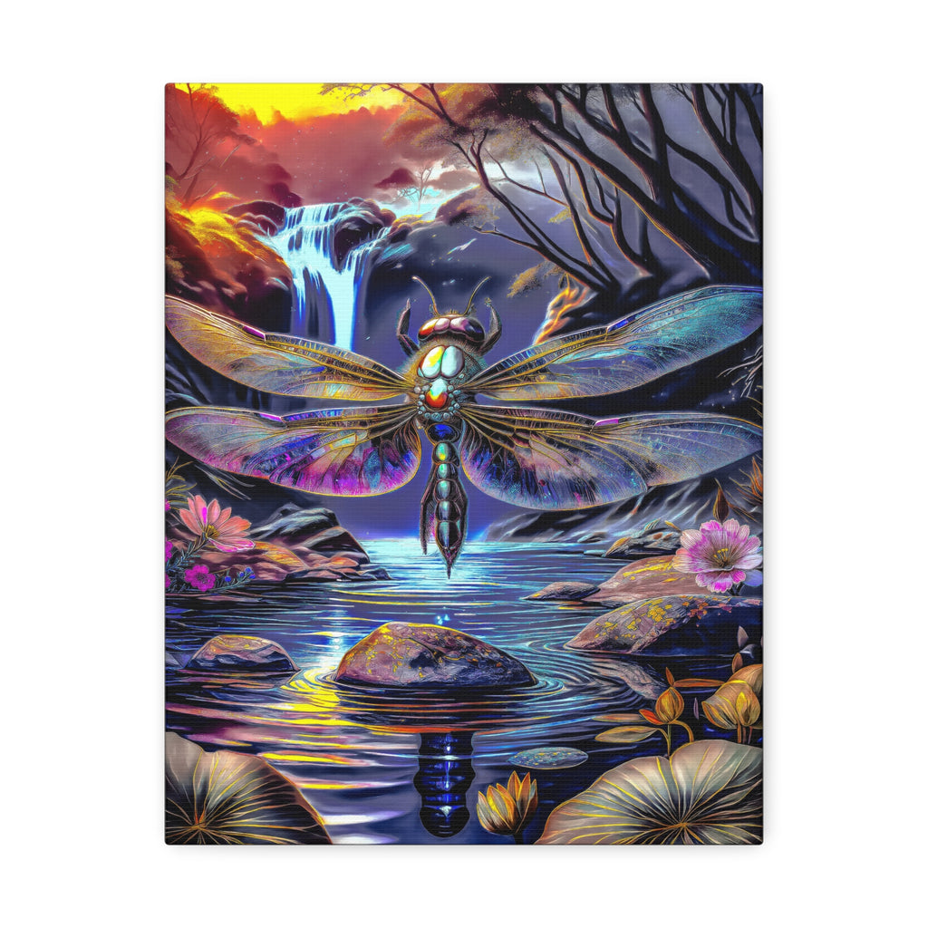 Dragonfly Fantasy Stretched Canvas Wall Art — Colorful Waterfall Nature Scene