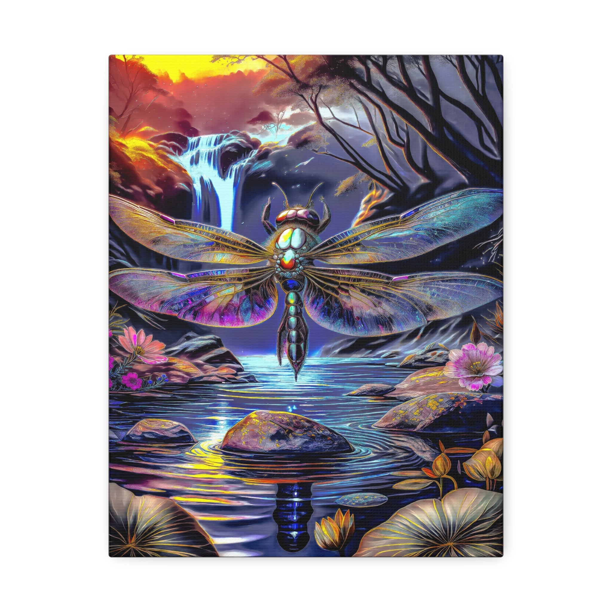 Dragonfly Fantasy Stretched Canvas Wall Art — Colorful Waterfall Nature Scene