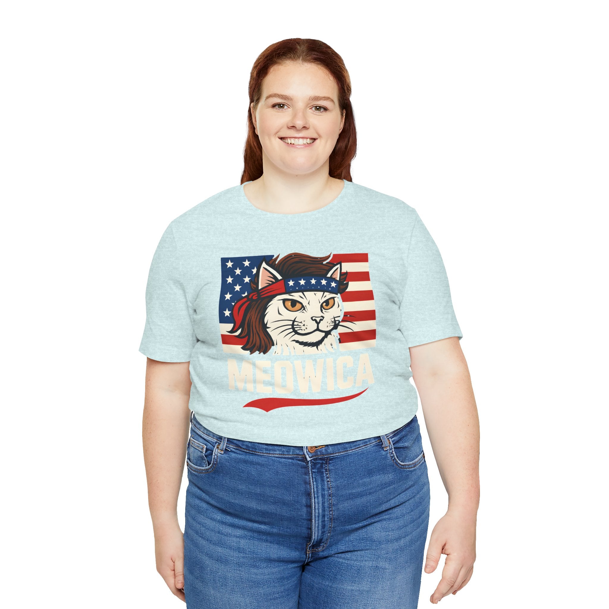 T-Shirt — "Meowica" Patriotic Cat Tee (American Flag, Funny 4th of July Shirt)