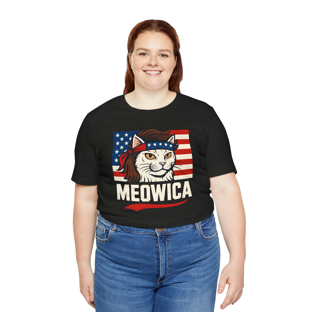 T-Shirt — "Meowica" Patriotic Cat Tee (American Flag, Funny 4th of July Shirt)