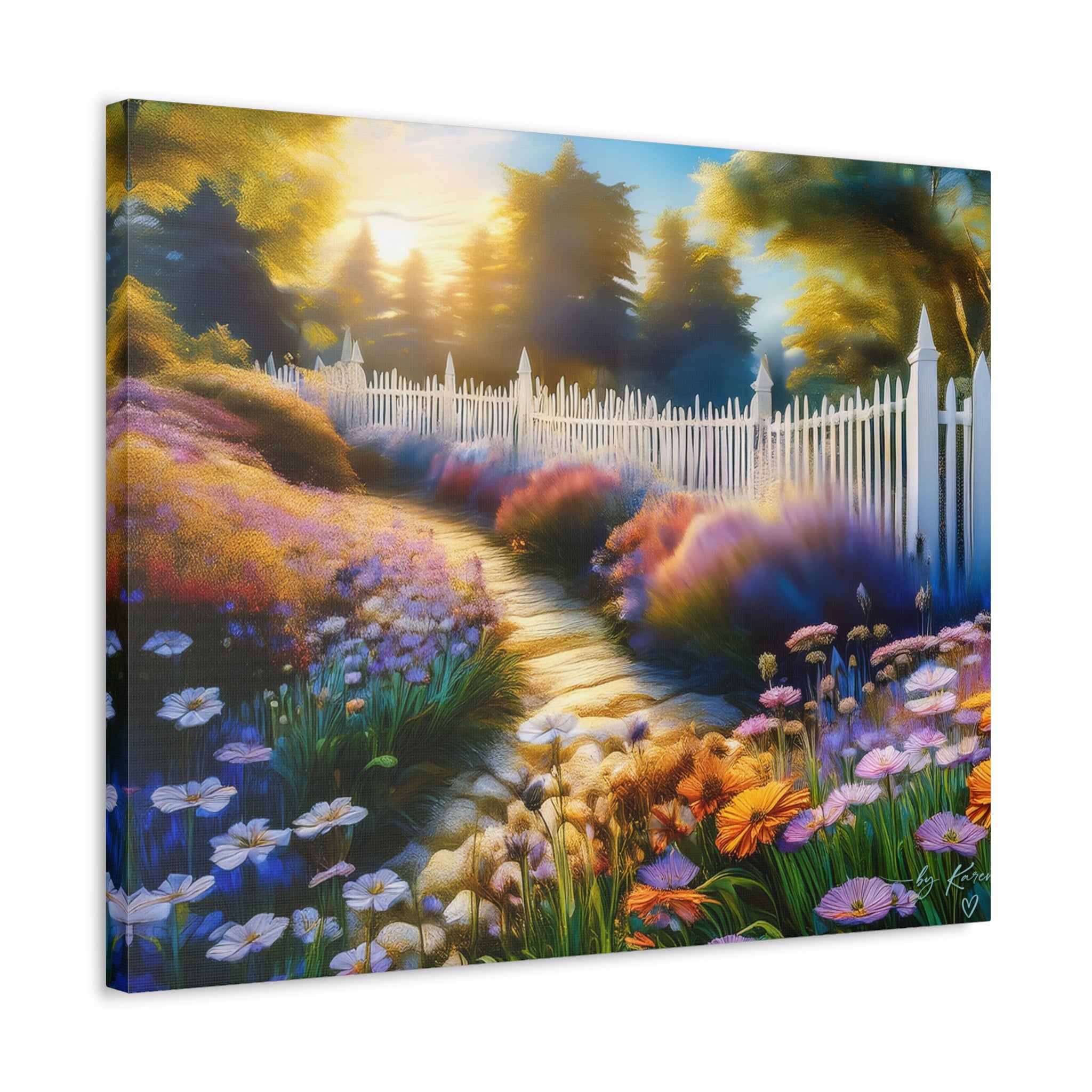 Sunlit Garden Path Stretched Canvas – Colorful Floral Landscape Wall Art
