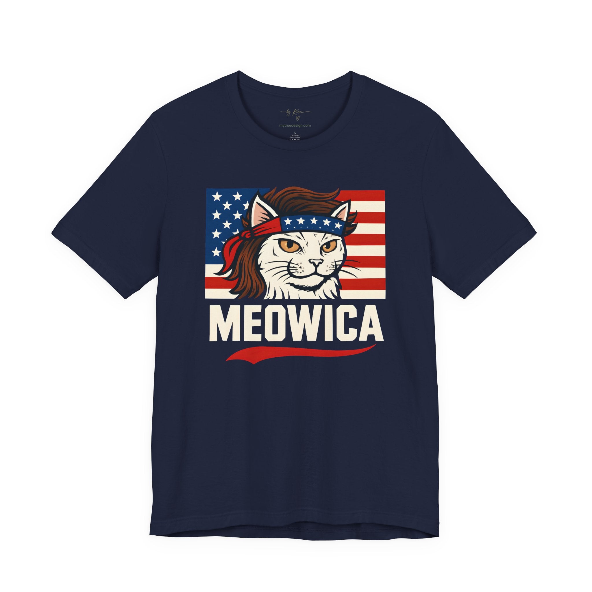 T-Shirt — "Meowica" Patriotic Cat Tee (American Flag, Funny 4th of July Shirt)