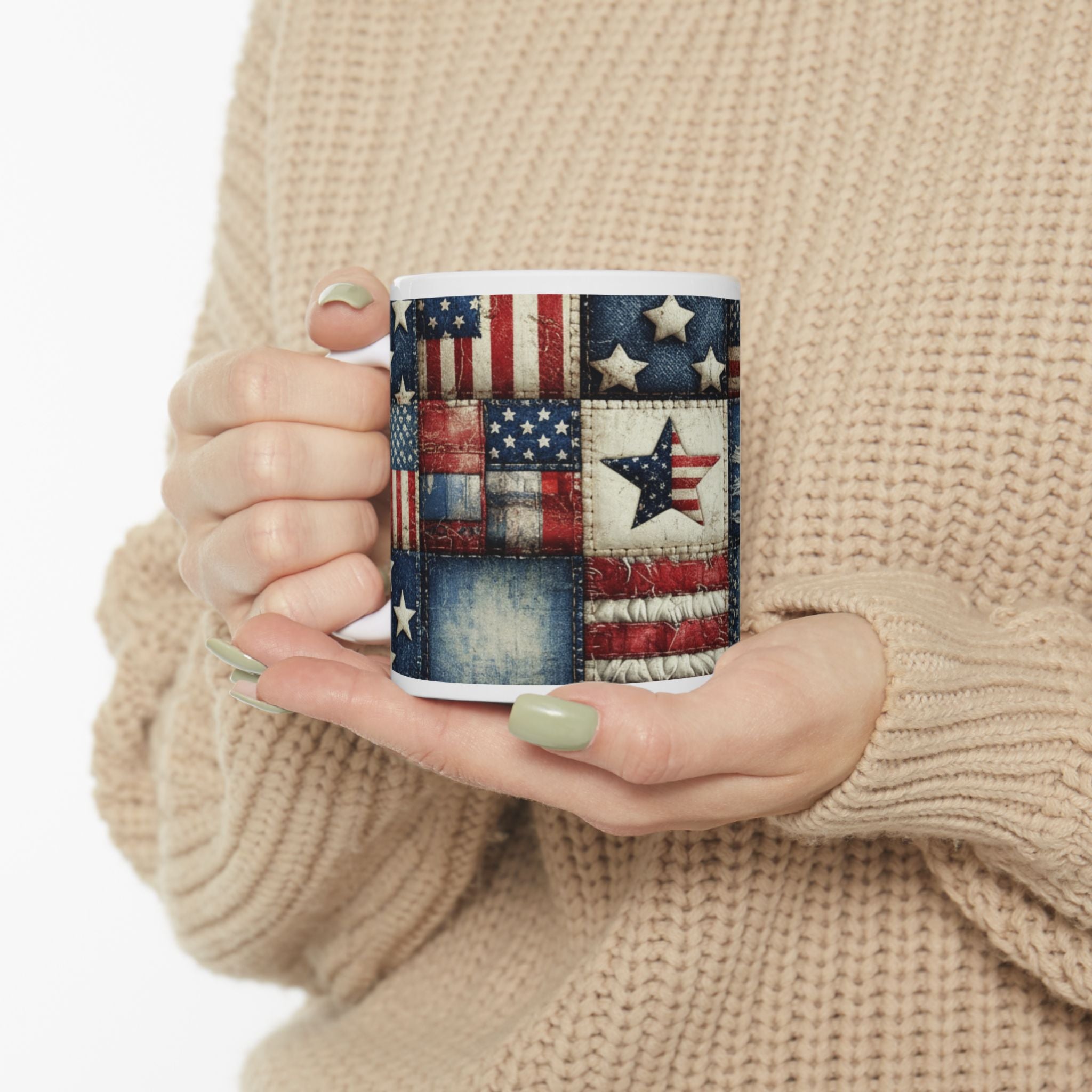 Patriotic Patchwork Ceramic Mug with American Flag Design