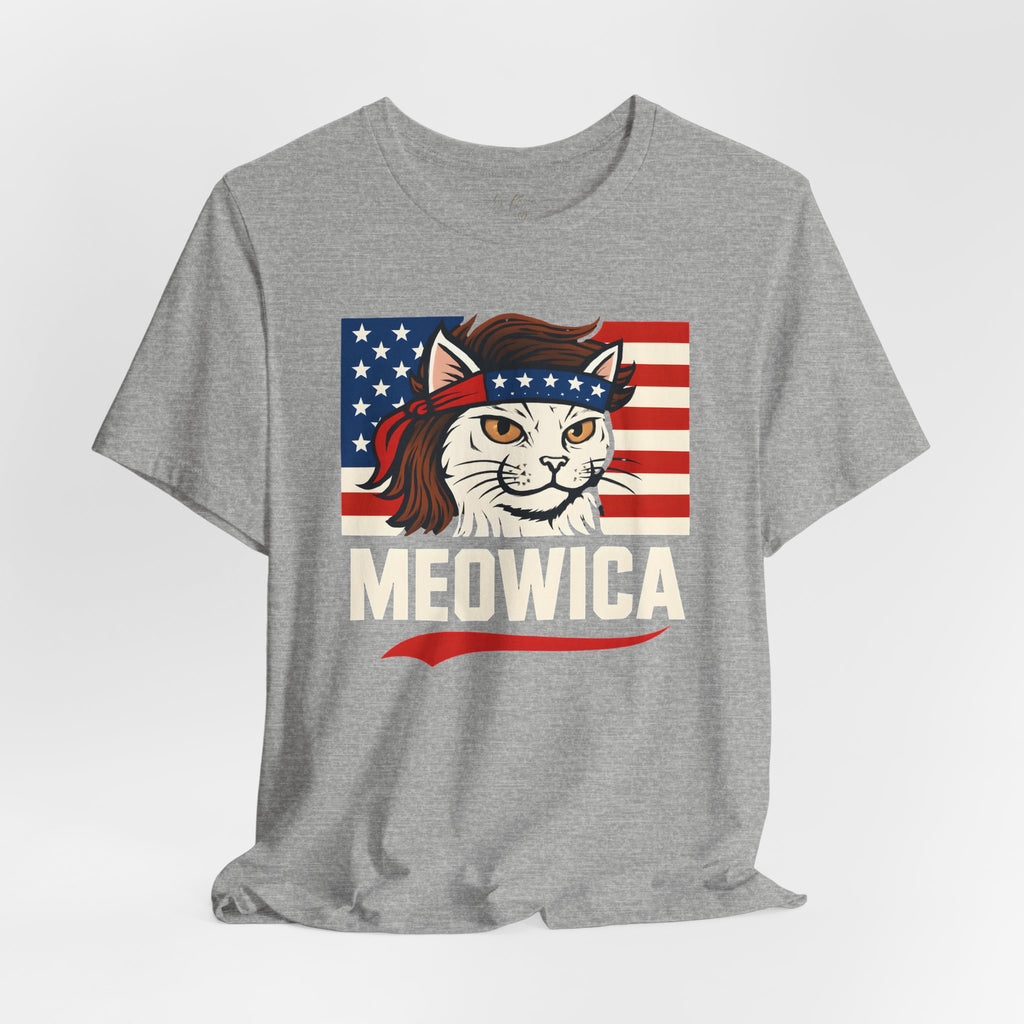 T-Shirt — "Meowica" Patriotic Cat Tee (American Flag, Funny 4th of July Shirt)