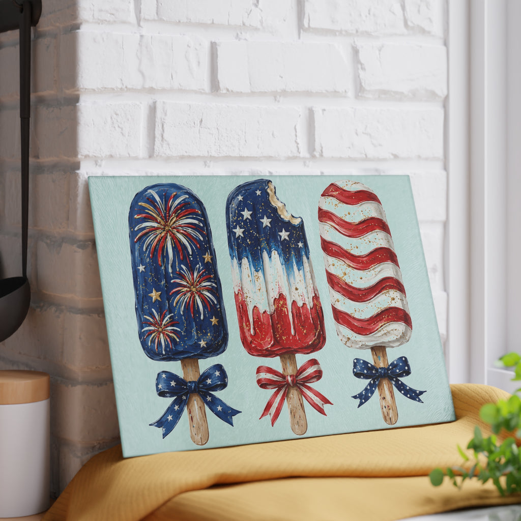 Patriotic Popsicle Glass Cutting Board for Kitchen Prep