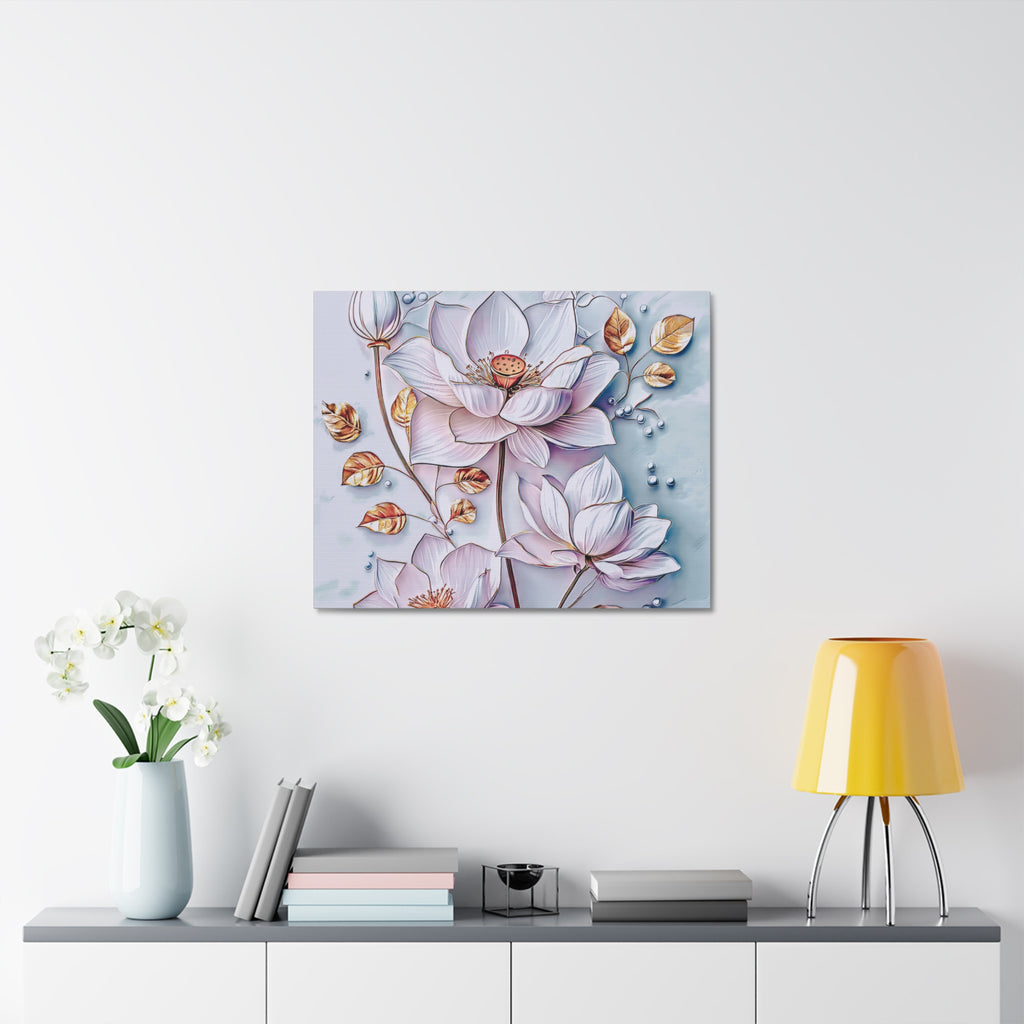 Floral Lotus Stretched Canvas Wall Art — Pastel Bloom Decorative Canvas