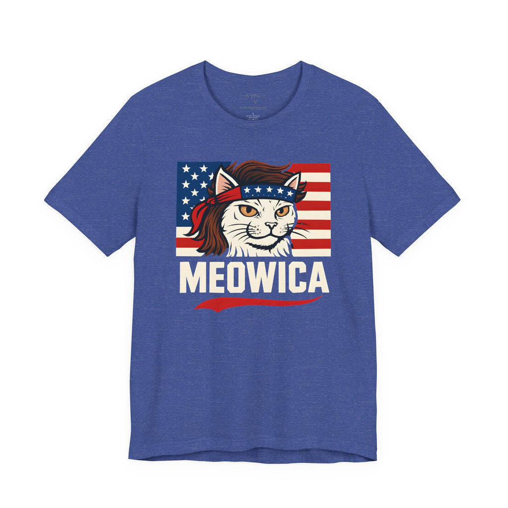 T-Shirt — "Meowica" Patriotic Cat Tee (American Flag, Funny 4th of July Shirt)