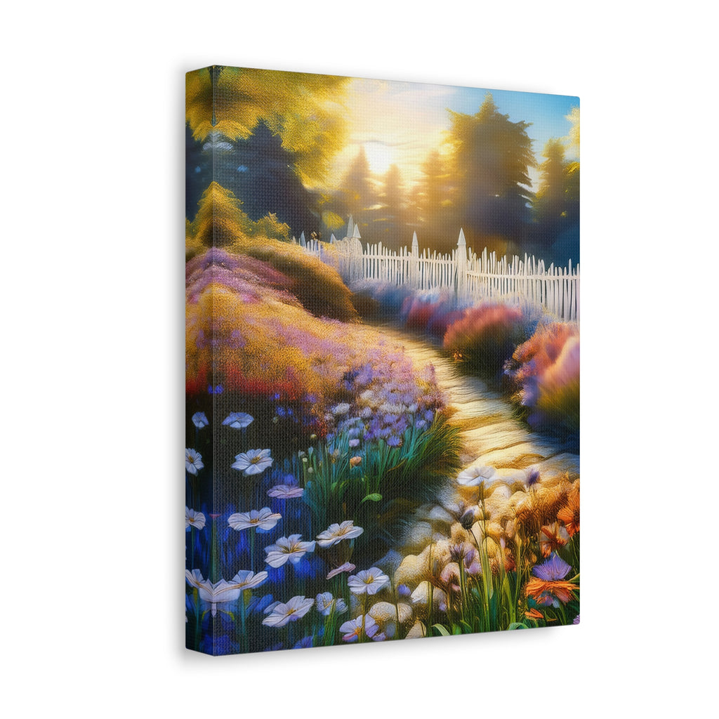 Sunlit Garden Path Stretched Canvas – Colorful Floral Landscape Wall Art