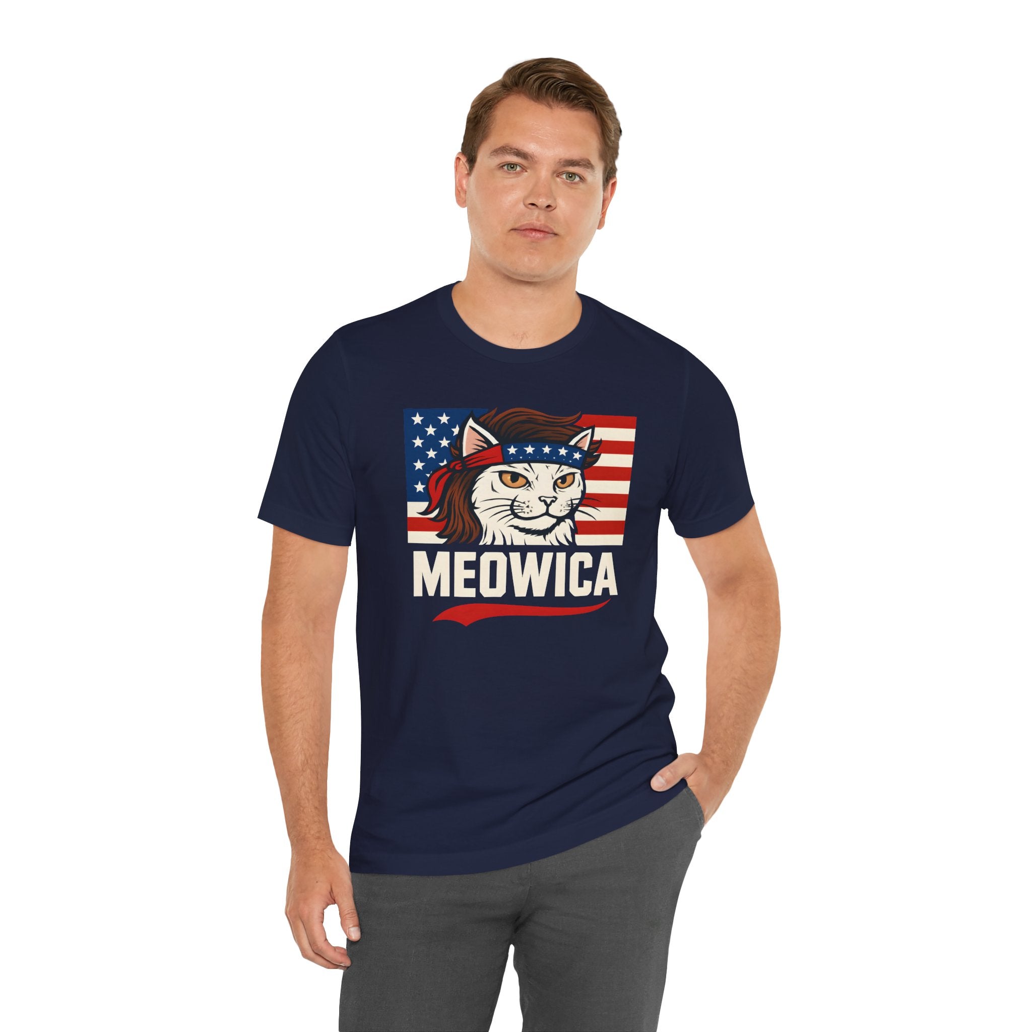 T-Shirt — "Meowica" Patriotic Cat Tee (American Flag, Funny 4th of July Shirt)