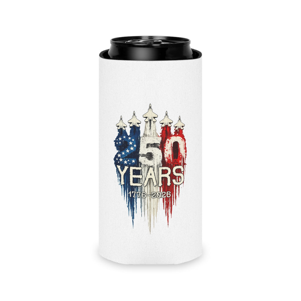 50 Years 1776–2026 Patriotic Can Cooler — American Flag Jet Anniversary