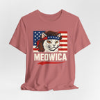 T-Shirt — "Meowica" Patriotic Cat Tee (American Flag, Funny 4th of July Shirt)