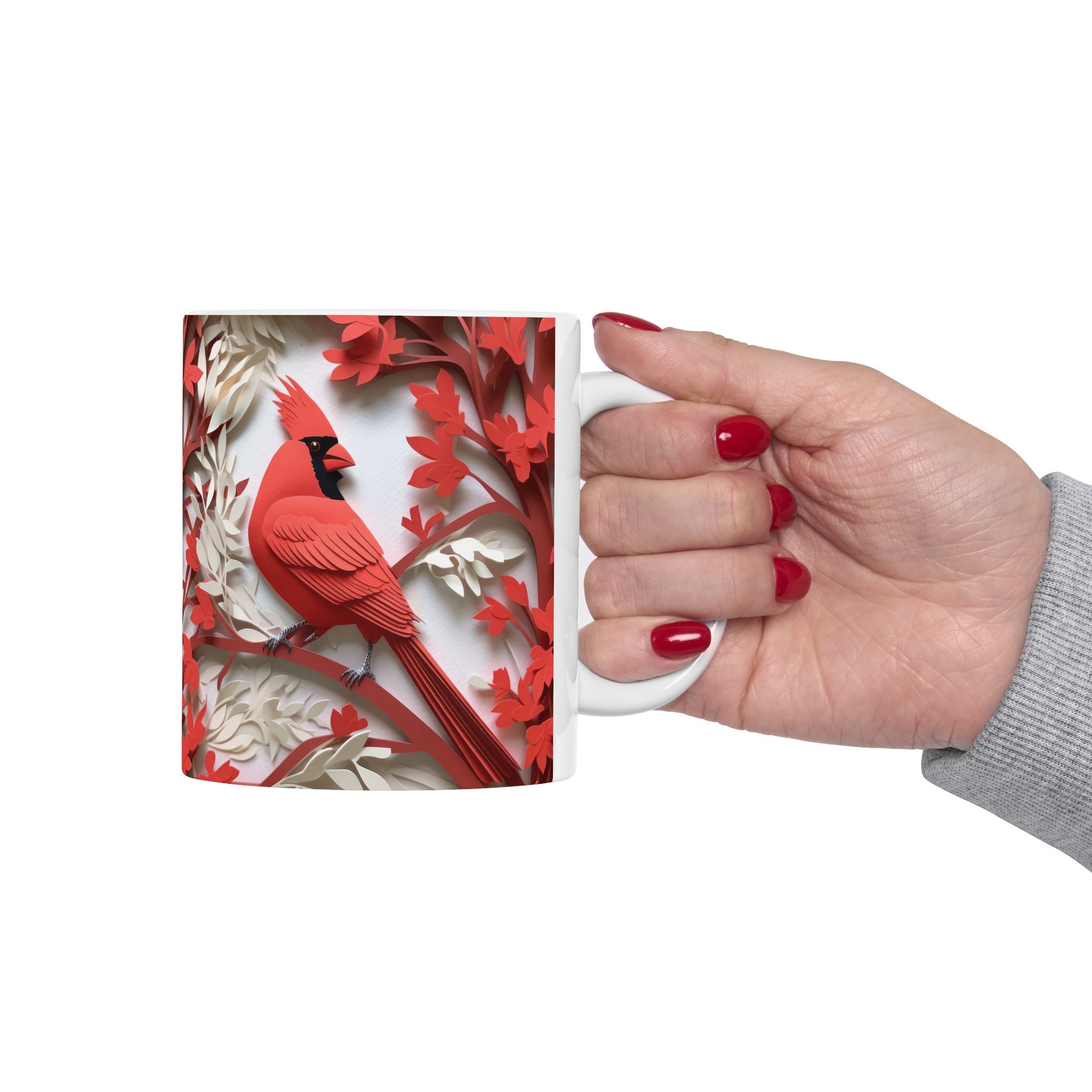 Red Paper-Cut Floral Ceramic Mug (11oz & 15oz) — Botanical Symmetry Coffee Cup