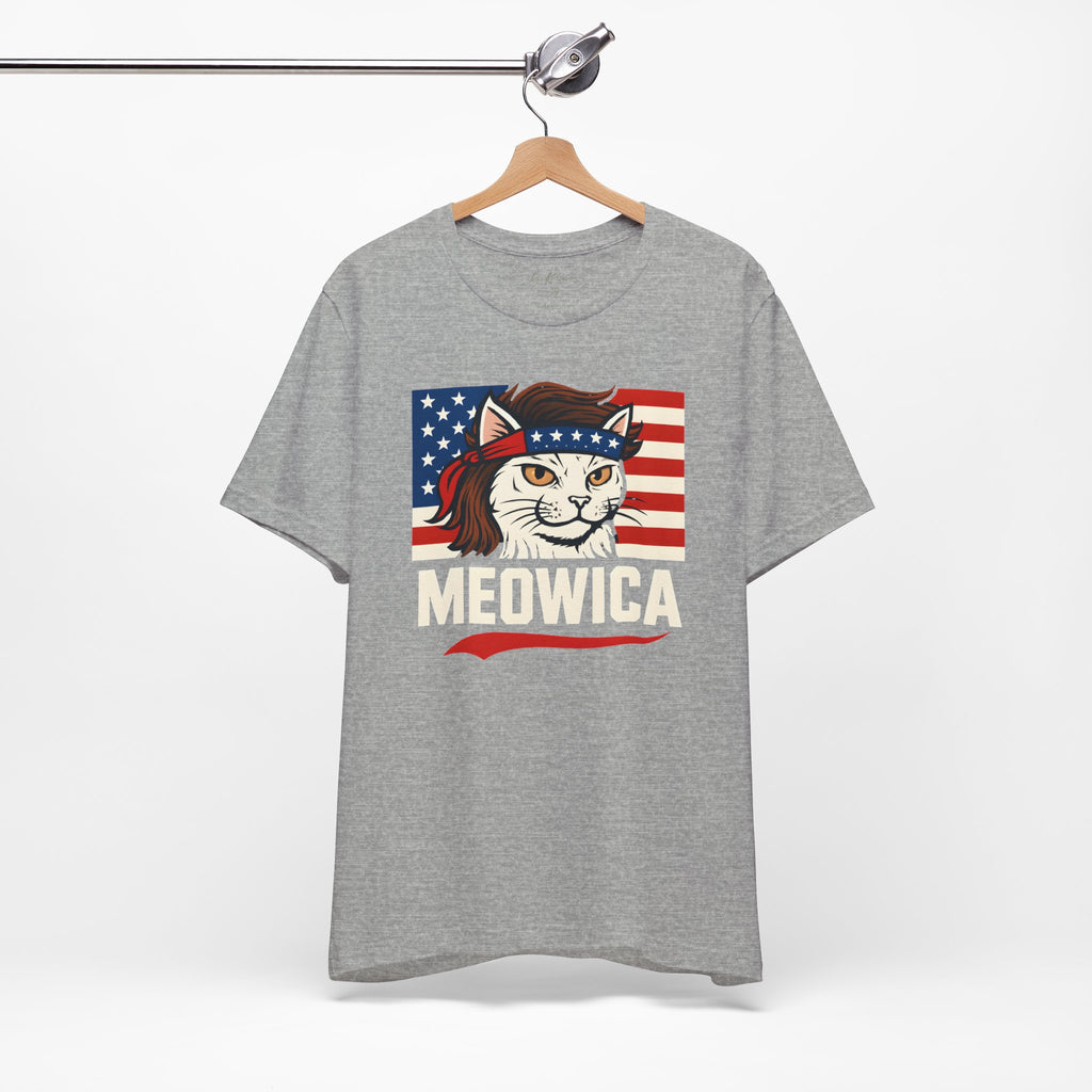 T-Shirt — "Meowica" Patriotic Cat Tee (American Flag, Funny 4th of July Shirt)
