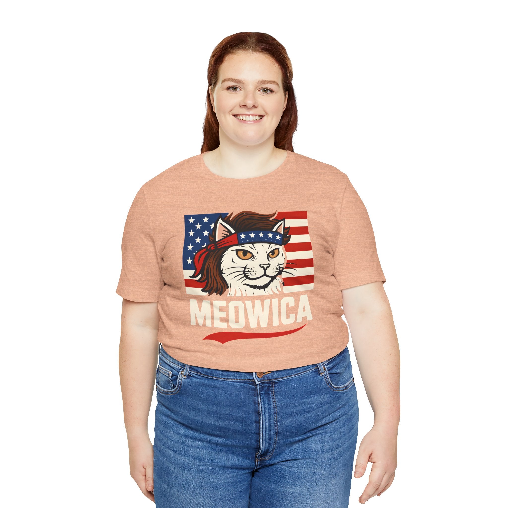 T-Shirt — "Meowica" Patriotic Cat Tee (American Flag, Funny 4th of July Shirt)