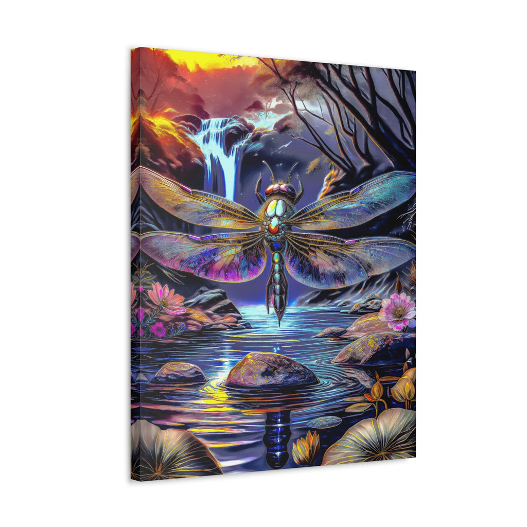 Dragonfly Fantasy Stretched Canvas Wall Art — Colorful Waterfall Nature Scene
