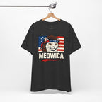 T-Shirt — "Meowica" Patriotic Cat Tee (American Flag, Funny 4th of July Shirt)