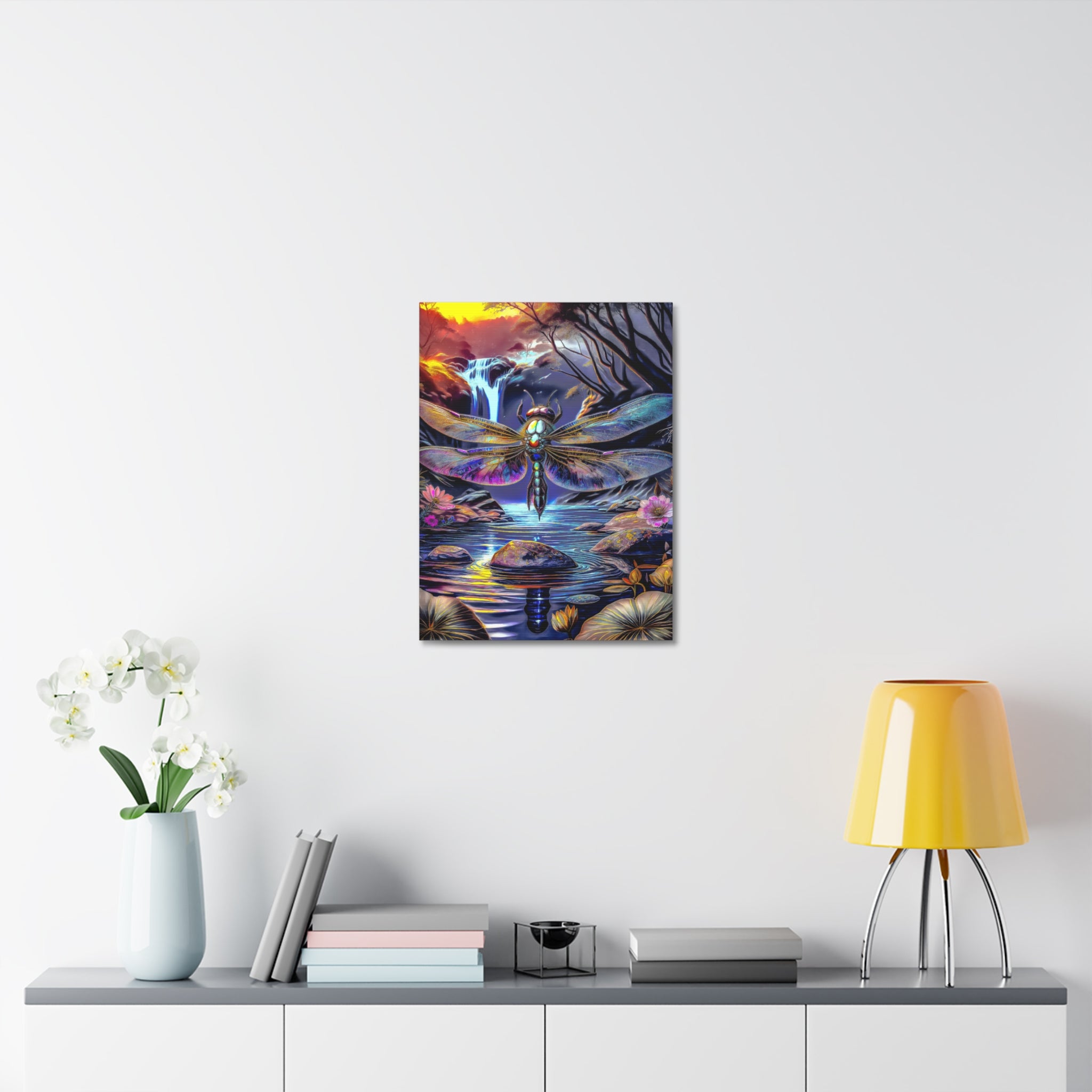 Dragonfly Fantasy Stretched Canvas Wall Art — Colorful Waterfall Nature Scene