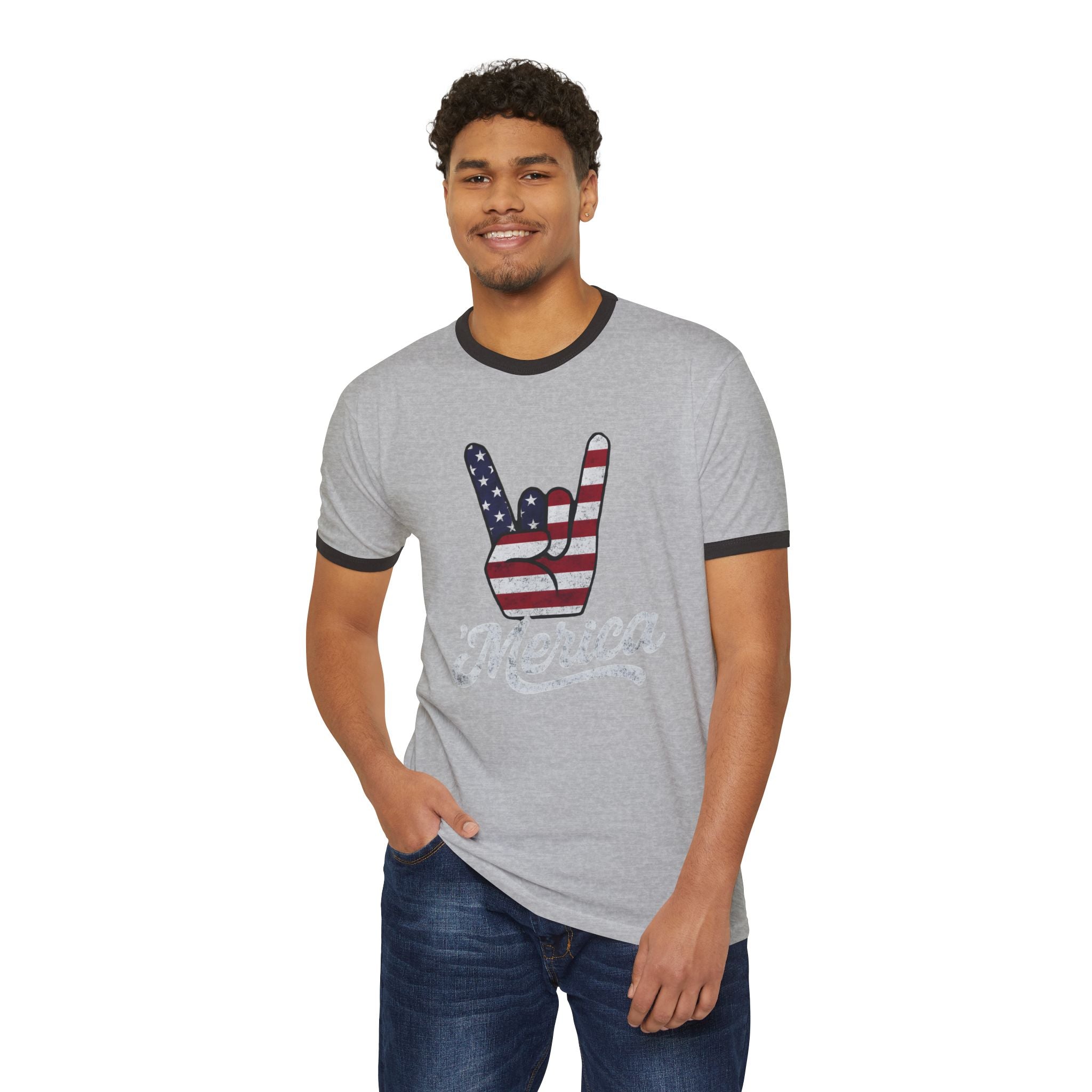 Patriotic Rock Hand Ringer Tee - American Flag Graphic Tee