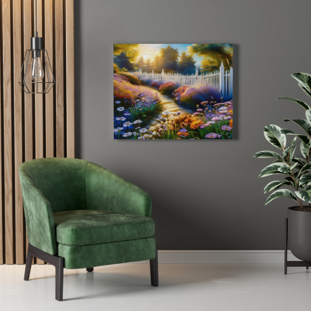 Sunlit Garden Path Stretched Canvas – Colorful Floral Landscape Wall Art