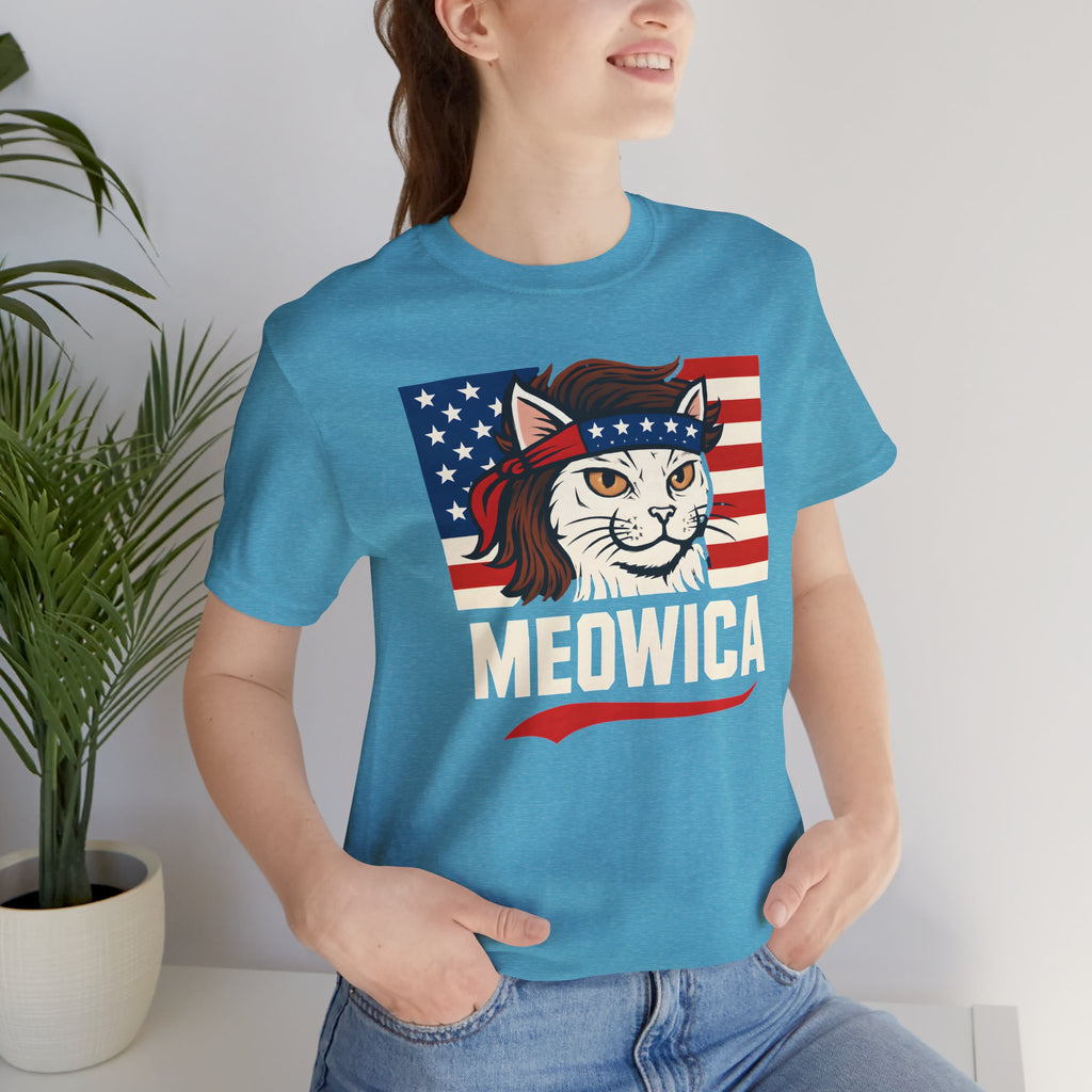 T-Shirt — "Meowica" Patriotic Cat Tee (American Flag, Funny 4th of July Shirt)