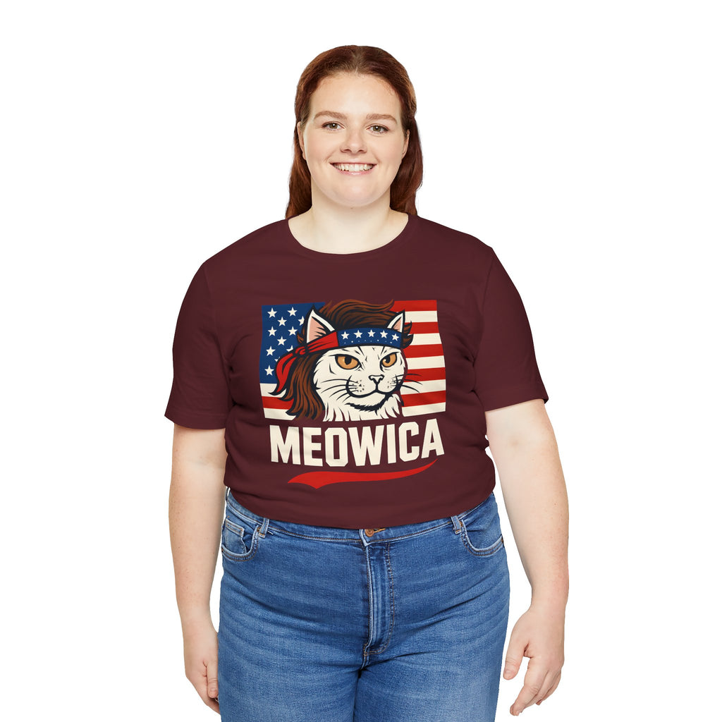 T-Shirt — "Meowica" Patriotic Cat Tee (American Flag, Funny 4th of July Shirt)