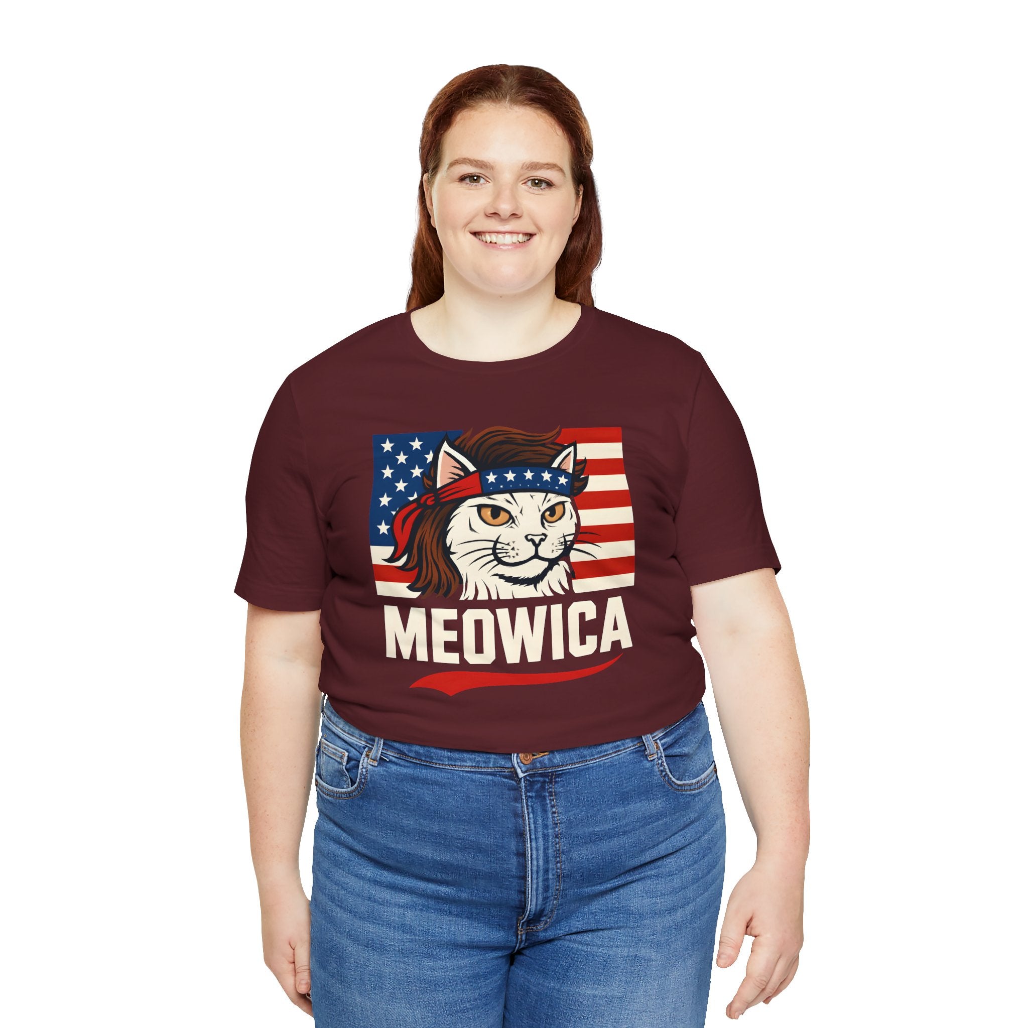 T-Shirt — "Meowica" Patriotic Cat Tee (American Flag, Funny 4th of July Shirt)