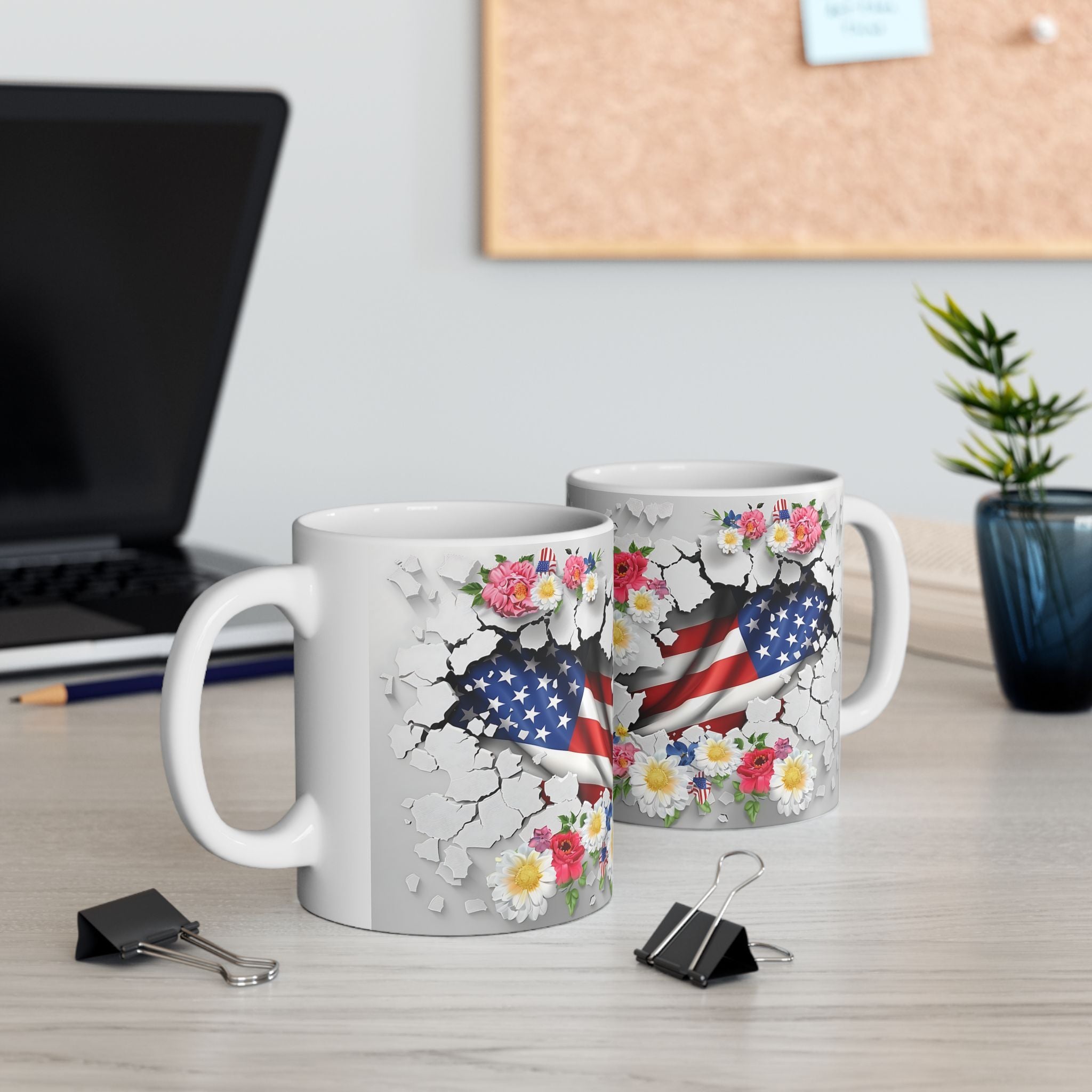 Floral American Flag Ceramic Mug - Patriotic Design