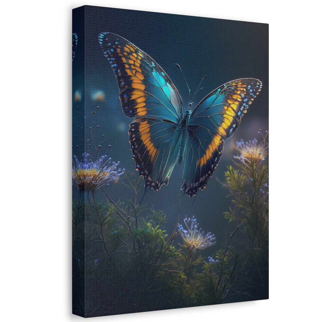 Blue & Gold Butterfly Stretched Canvas Wall Art — Dreamy Nature Print
