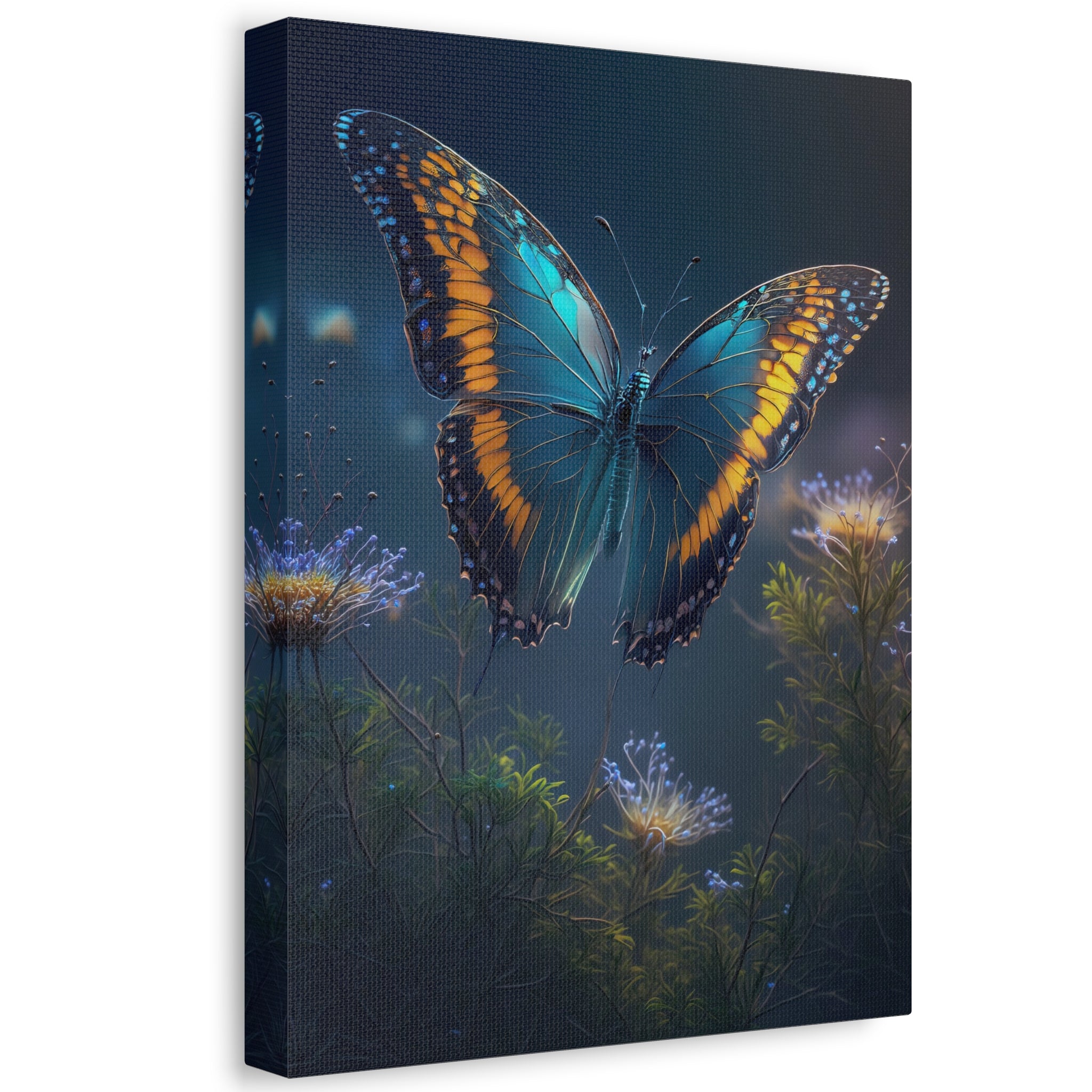 Blue & Gold Butterfly Stretched Canvas Wall Art — Dreamy Nature Print