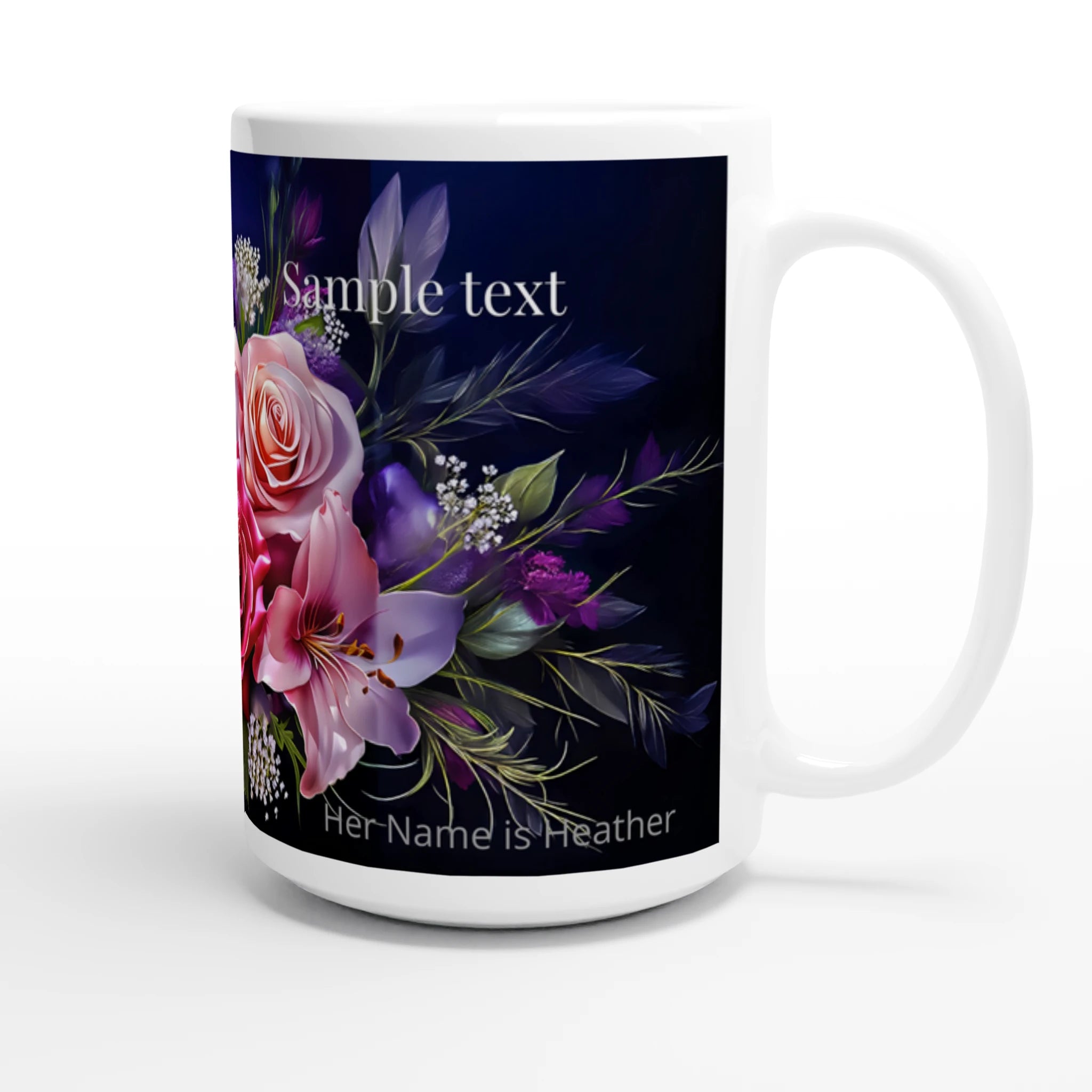 Floral mug with dark background and customizable text