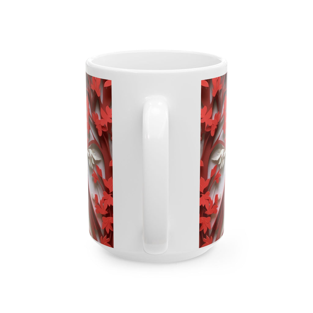 Red Paper-Cut Floral Ceramic Mug (11oz & 15oz) — Botanical Symmetry Coffee Cup