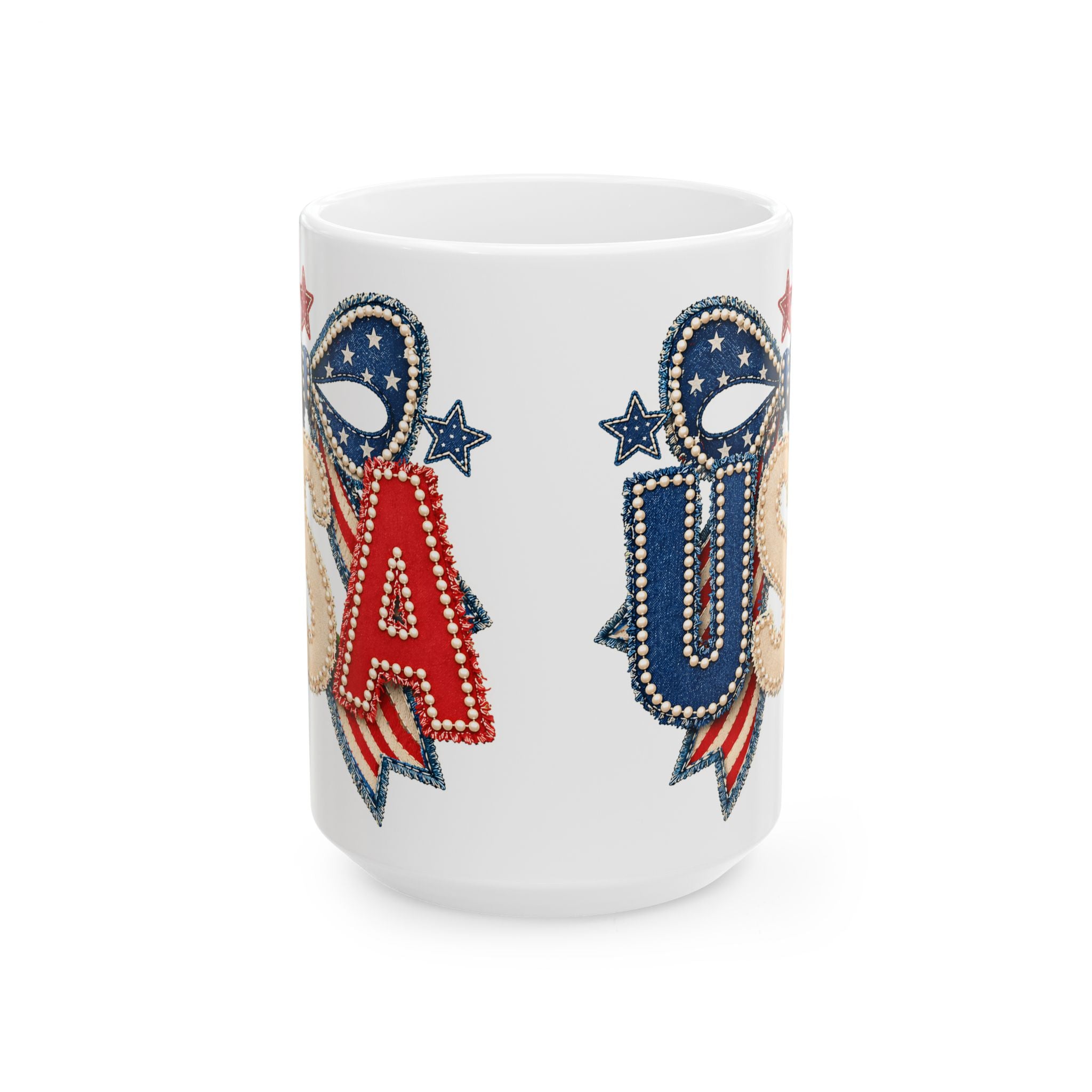 USA Patriotic Ceramic Mug with Bold Red White Blue Design