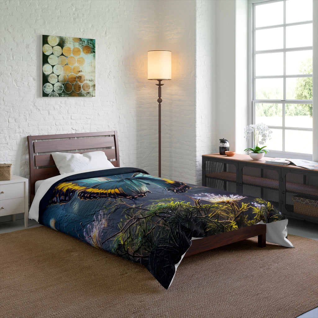 Blue Butterfly Comforter - Floral Nature Bedding, Dreamy Garden Bedroom Décor