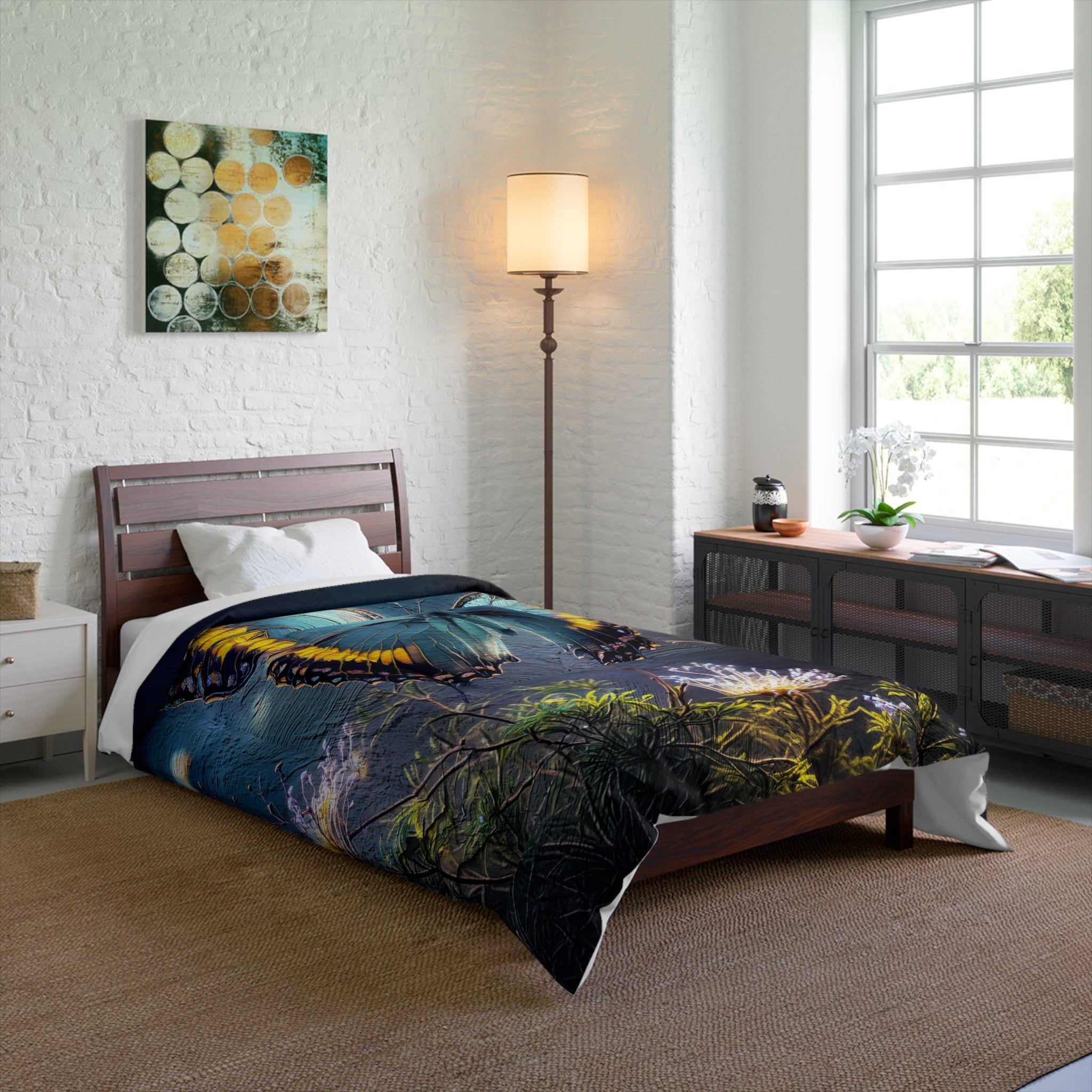 Blue Butterfly Comforter - Floral Nature Bedding, Dreamy Garden Bedroom Décor