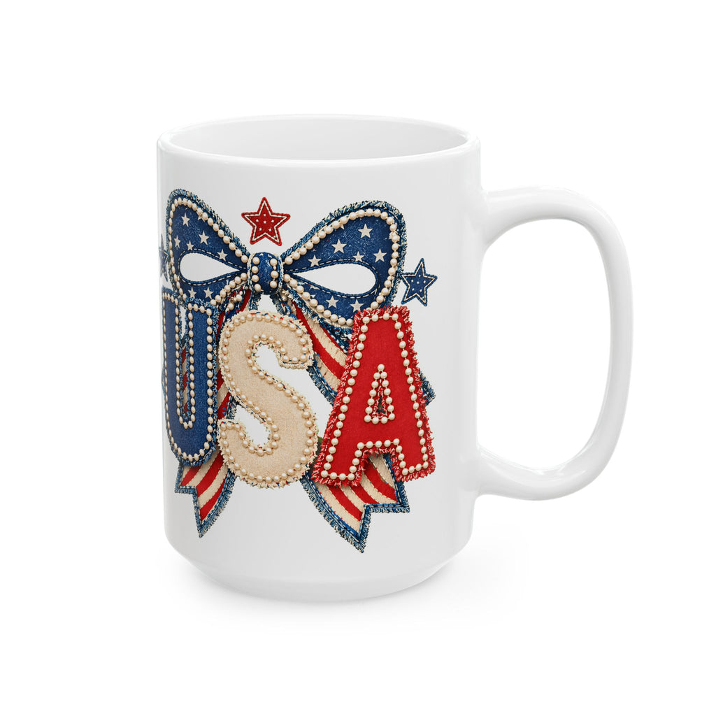 USA Patriotic Ceramic Mug with Bold Red White Blue Design