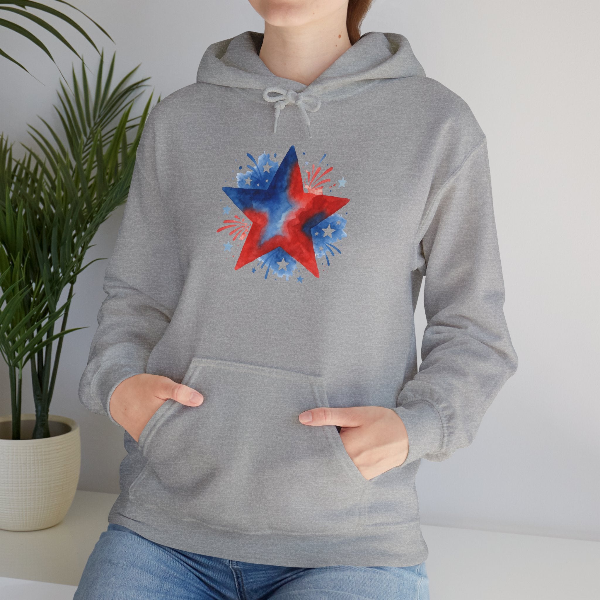 Patriotic Red & Blue Star Hoodie — 4th of July Firework Sweatshirt