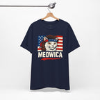 T-Shirt — "Meowica" Patriotic Cat Tee (American Flag, Funny 4th of July Shirt)