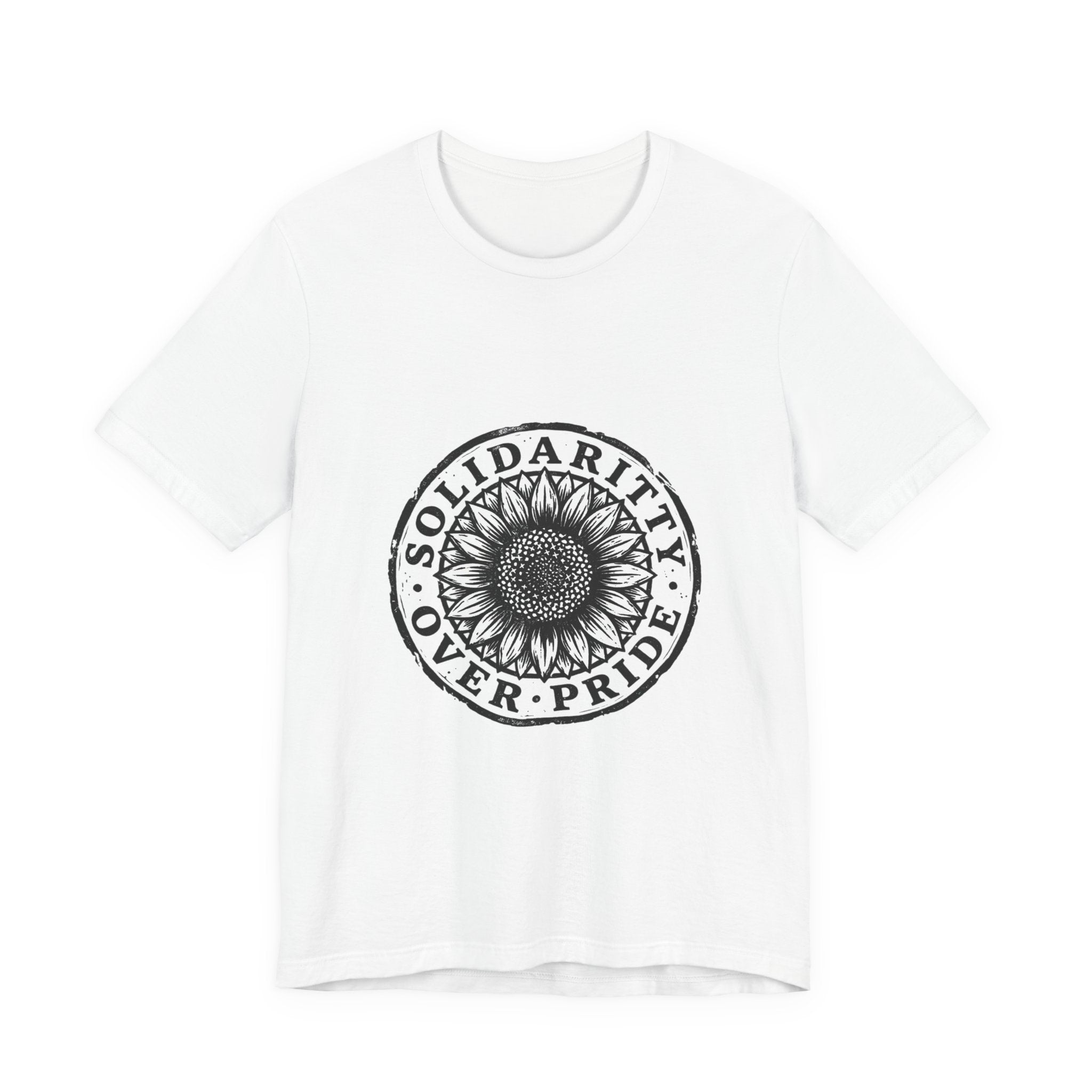 Solidarity Over Pride sunflower logo Tee | People Over Profit values-led apparel