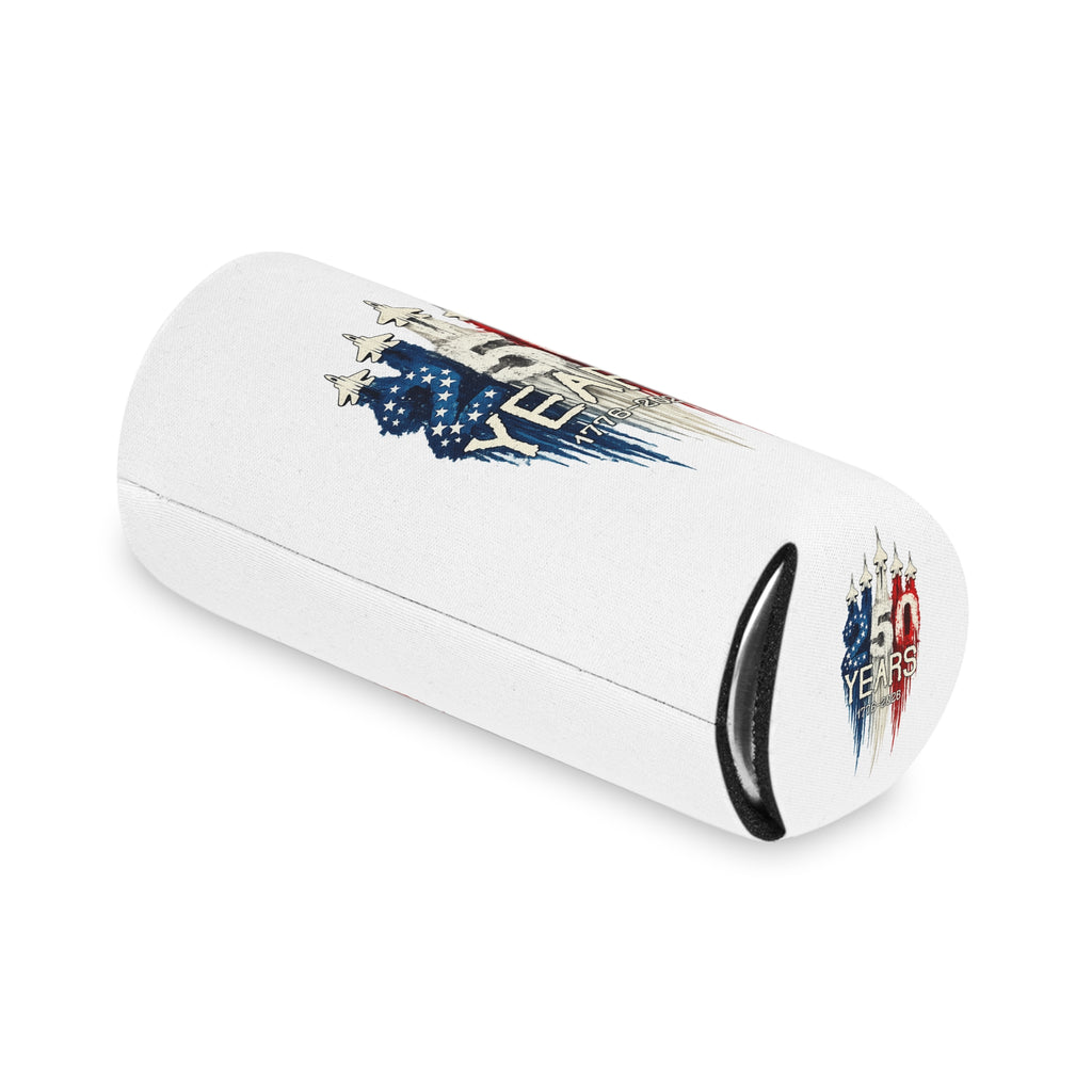50 Years 1776–2026 Patriotic Can Cooler — American Flag Jet Anniversary