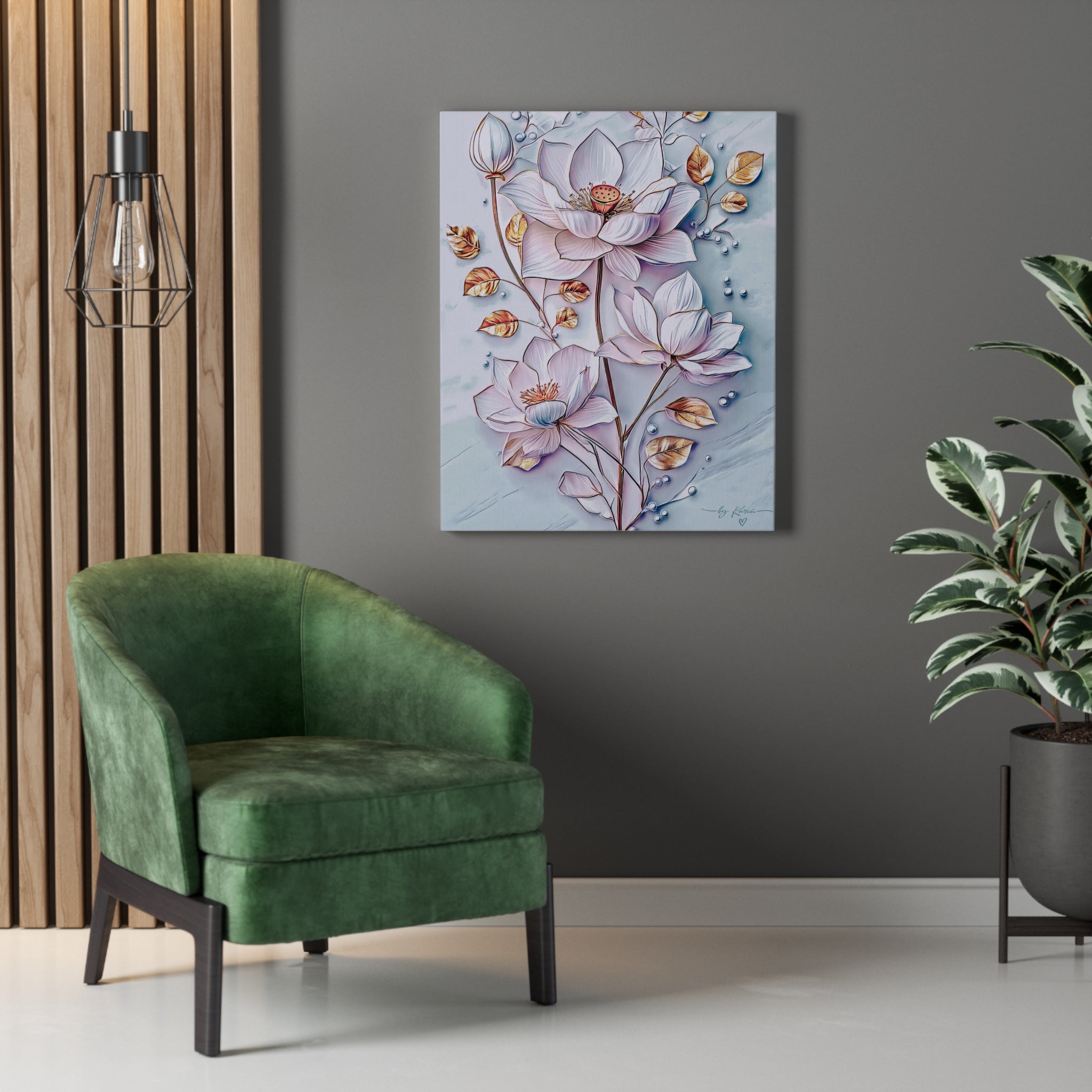 Floral Lotus Stretched Canvas Wall Art — Pastel Bloom Decorative Canvas