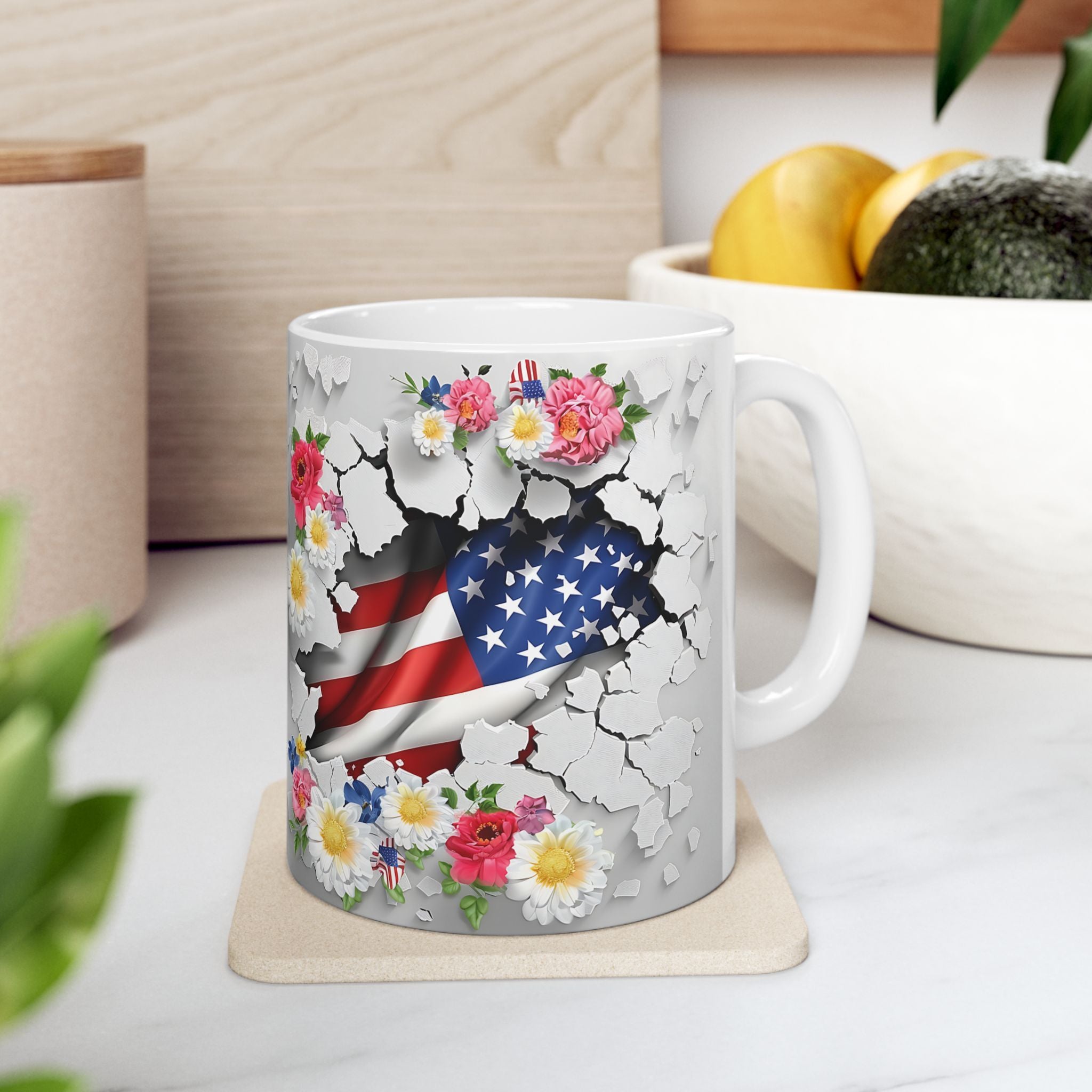 Floral American Flag Ceramic Mug - Patriotic Design