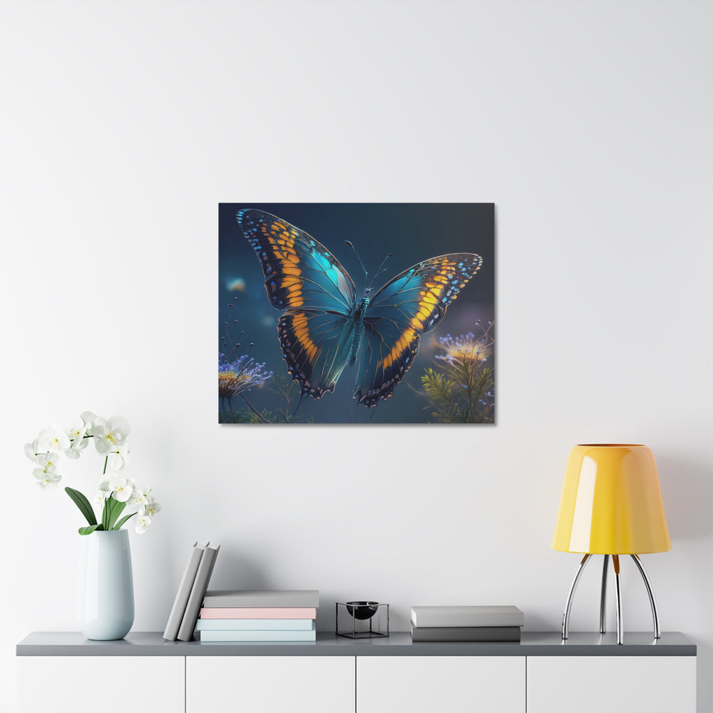 Blue & Gold Butterfly Stretched Canvas Wall Art — Dreamy Nature Print
